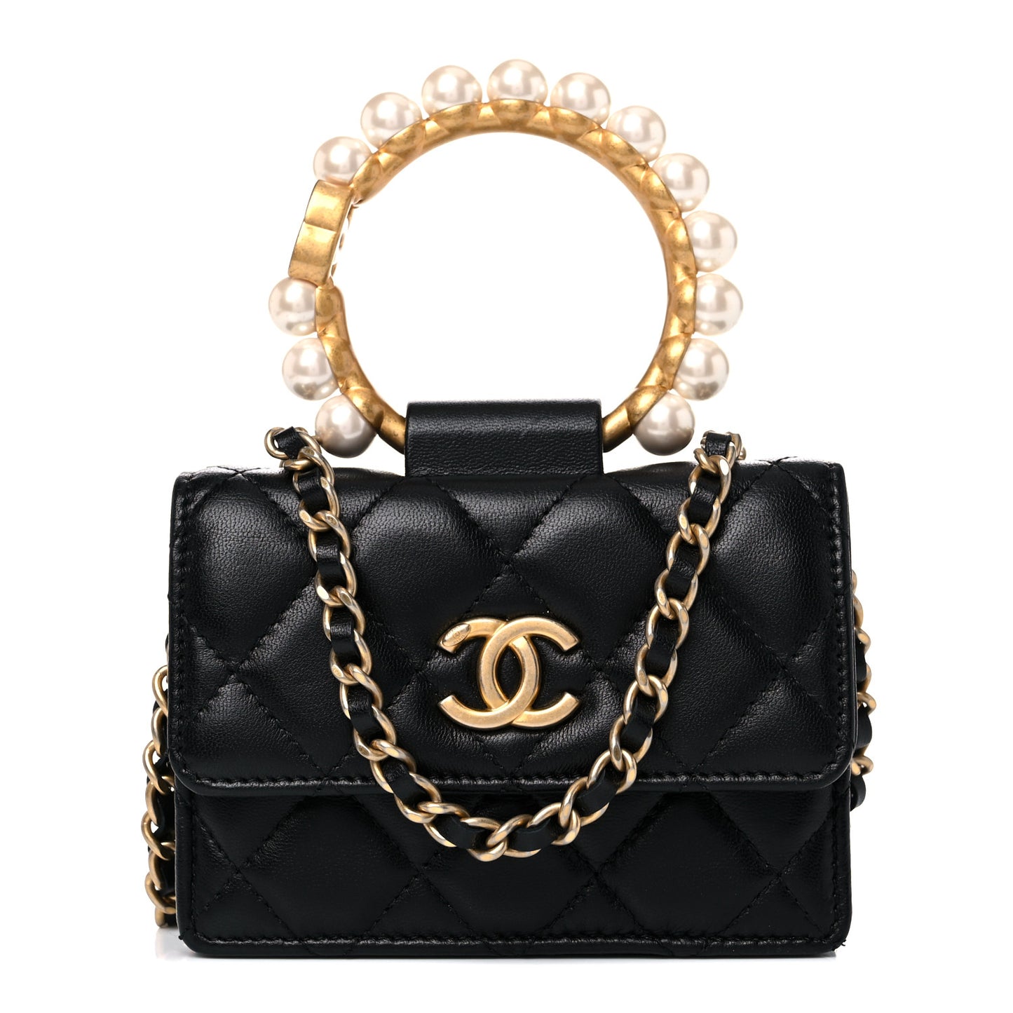 Lambskin Quilted Pearl Crown Clutch With Chain Black