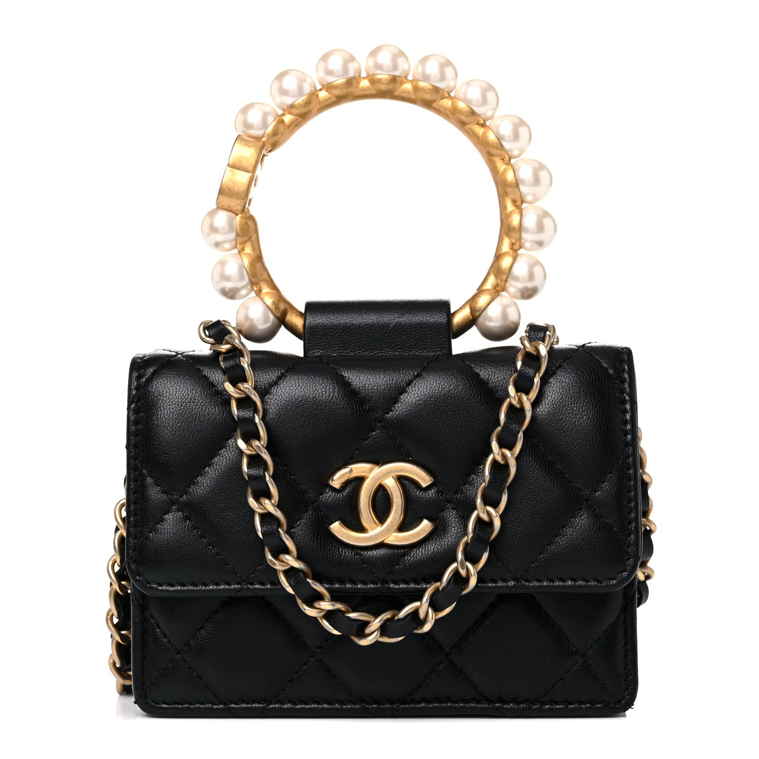 Chanel Lambskin Quilted Pearl Crown Clutch With Chain Black 1 of 13