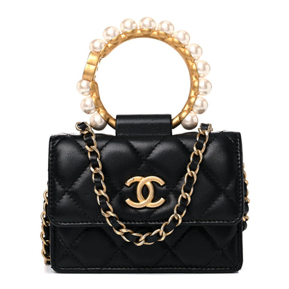 Chanel Lambskin Quilted Pearl Crown Clutch With Chain Black 1 of 13