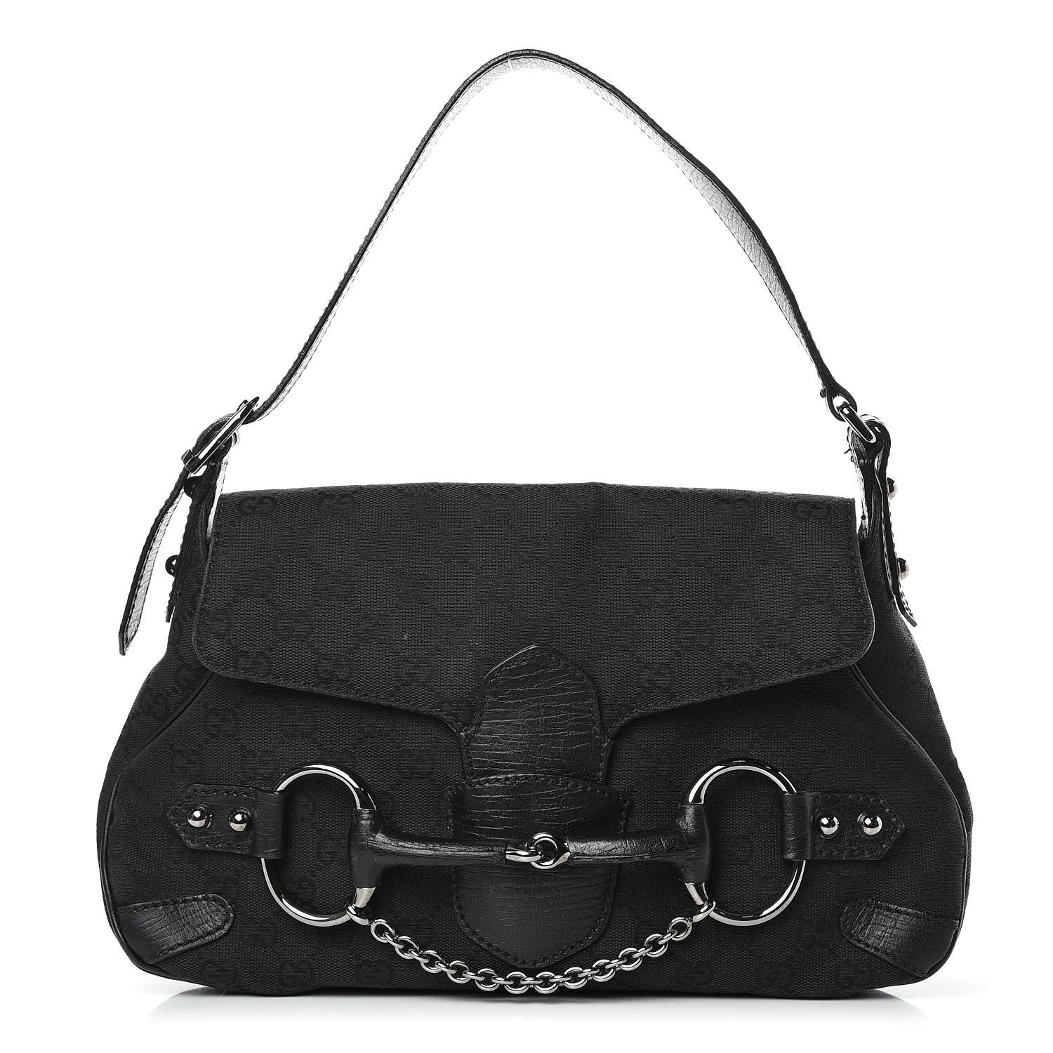 Gucci Monogram Horsebit Chain Flap Shoulder Bag Black 1 of 12