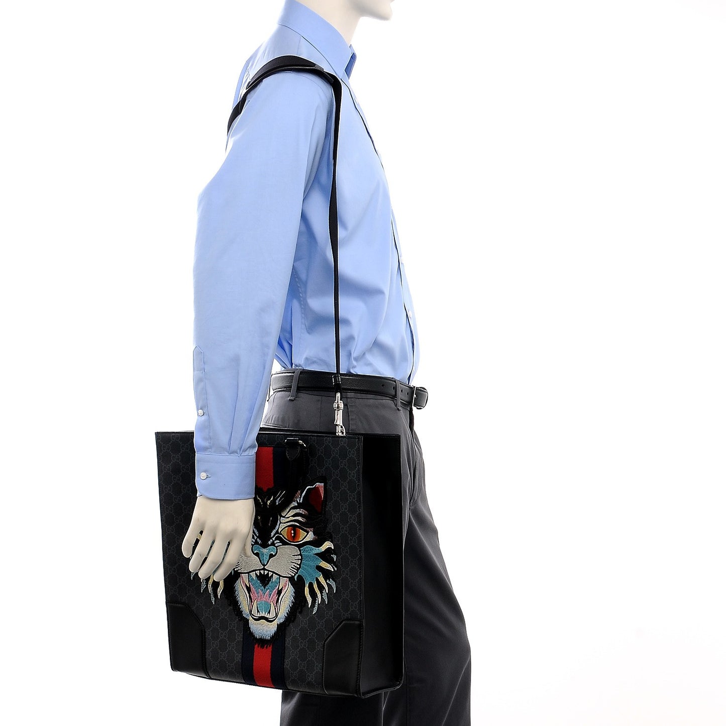 GG Supreme Monogram Web Angry Cat Embroidered Vertical Tote Black Grey