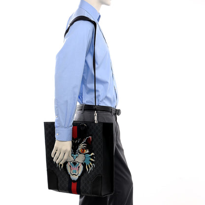 Gucci GG Supreme Monogram Web Angry Cat Embroidered Vertical Tote Black Grey 2 of 8