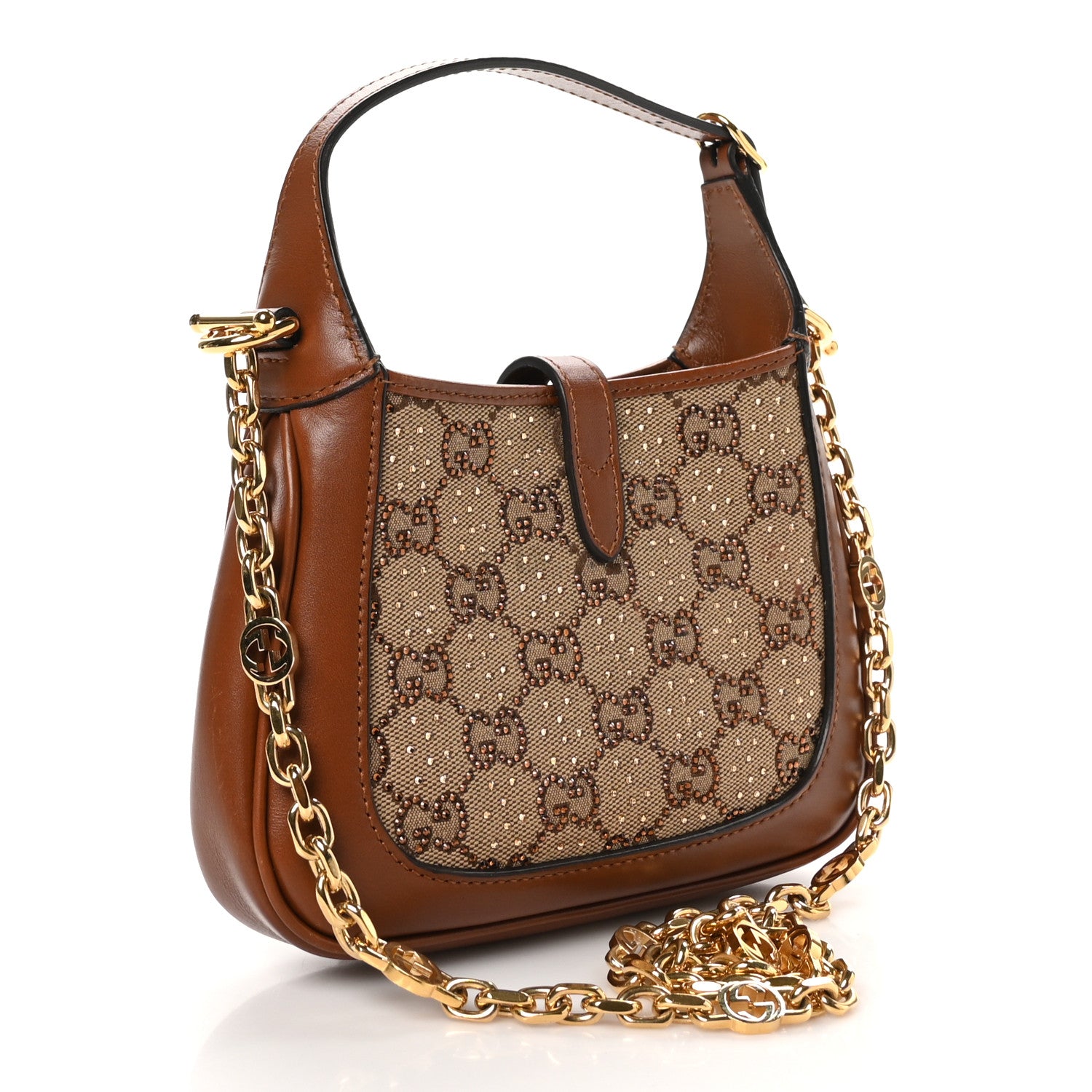 Gucci New Canvas Charisma Calfskin Crystal GG Monogram Mini Jackie 1961 Hobo Camel Ebony 3 of 10
