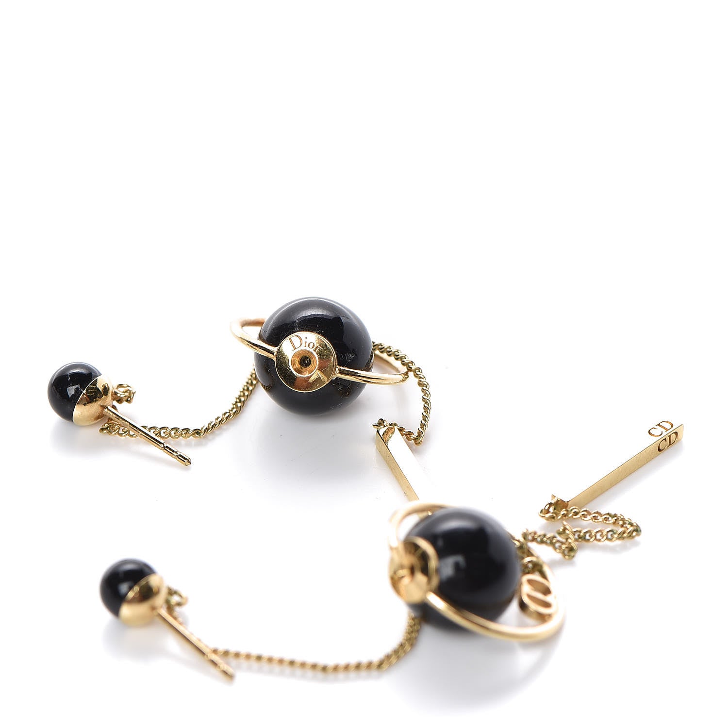 Christian Dior Pearl Tribales Dangle Chain Earrings Black Gold 3 of 4