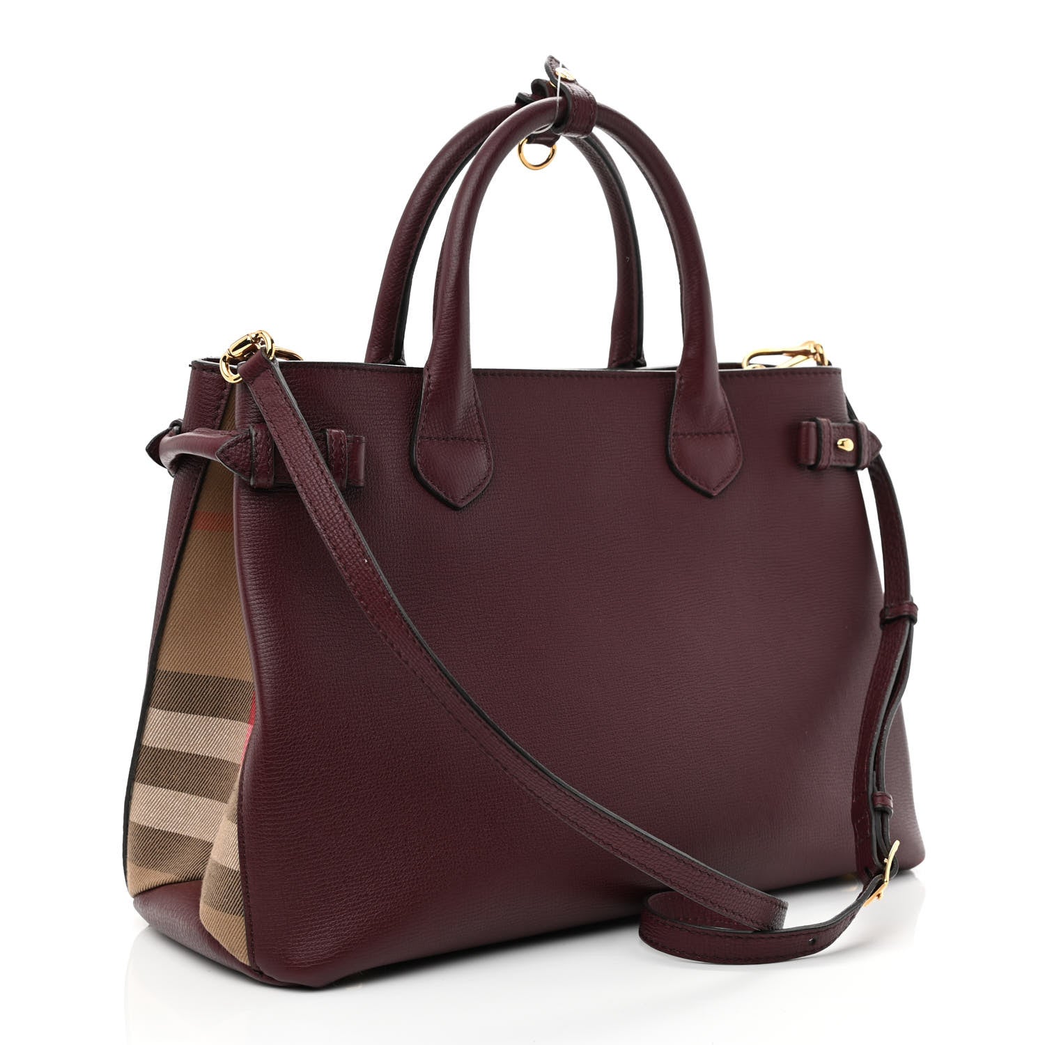 Burberry Grainy Calfskin House Check Medium Banner Tote Mahogany Red 3 of 13