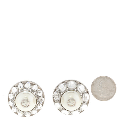 Gucci Pearl Crystal Interlocking G Clip On Earrings Silver 2 of 5