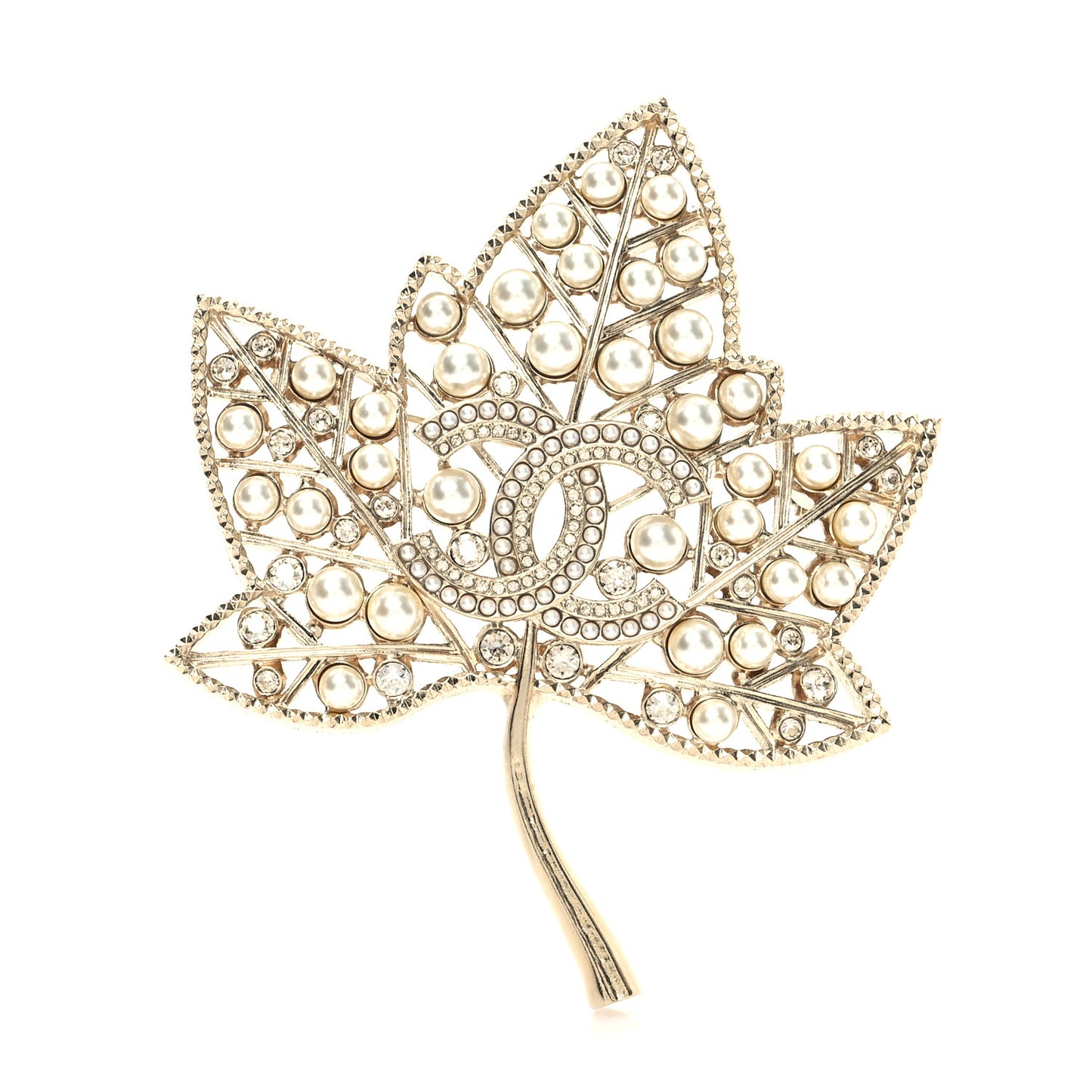 Pearl Crystal CC Leaf Brooch Gold