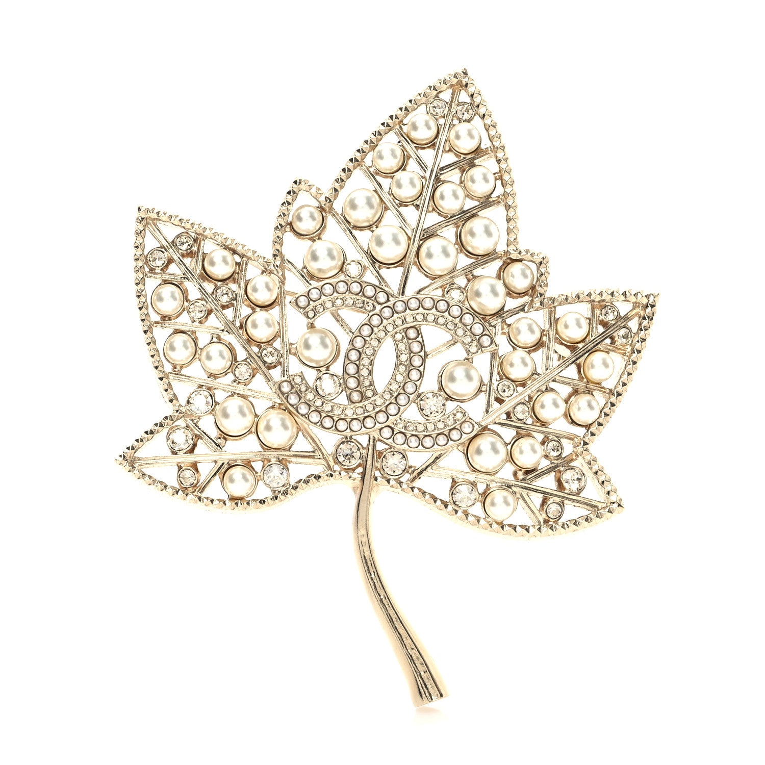 Chanel Pearl Crystal CC Leaf Brooch Gold 1 of 4