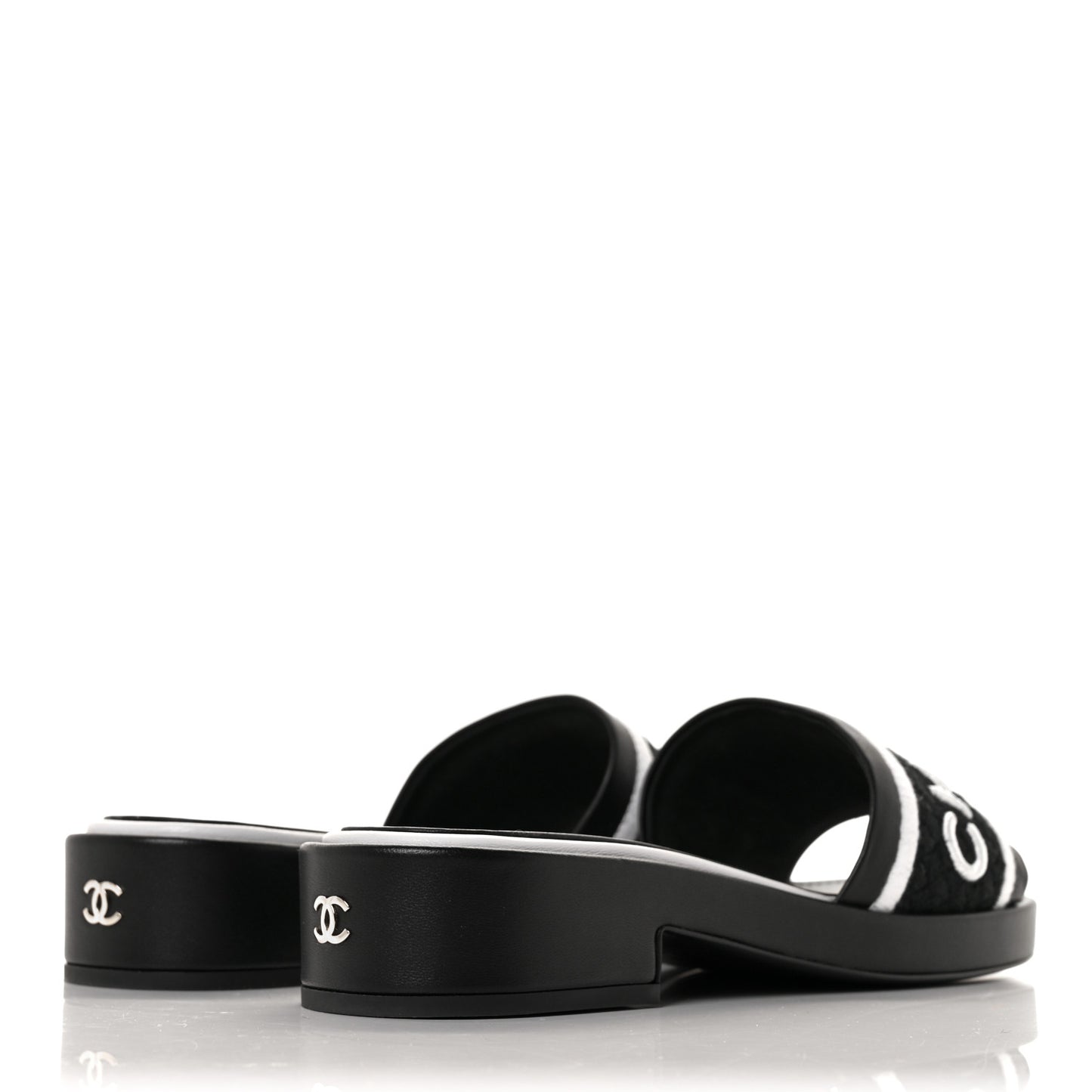 Lambskin Embroidered CC Mule Sandal 38 Black White