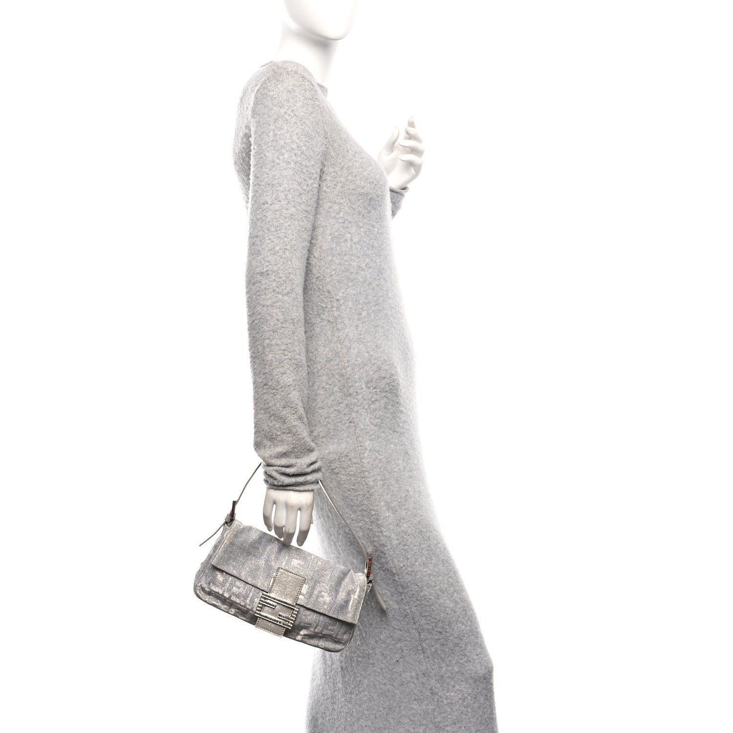 Fendi Metallic Lurex Zucca Vitello Baguette Argento 2 of 10