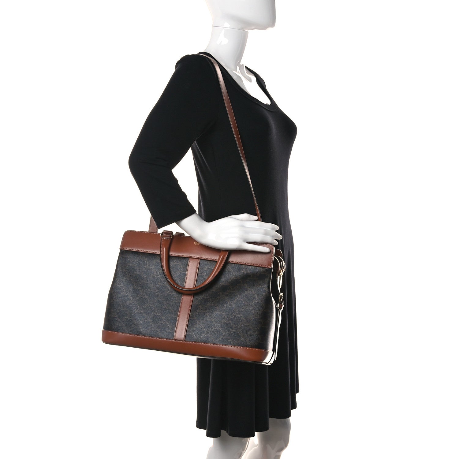 Celine Triomphe Canvas Calfskin Cabas De France Handbag Tan 3 of 9