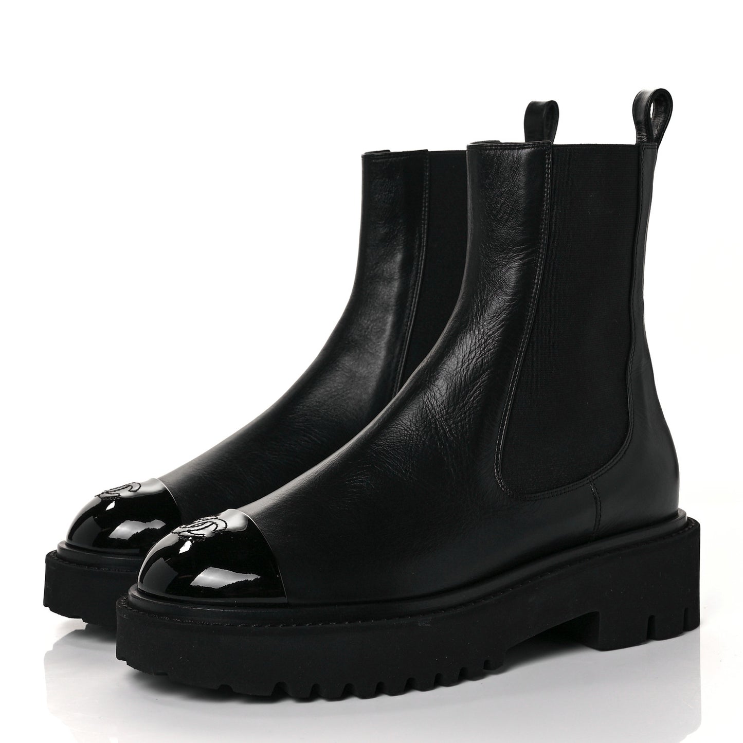 Crumpled Calfskin Patent Cap Toe Short Boots 39.5 Black