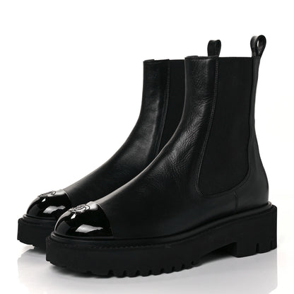 Chanel Crumpled Calfskin Patent Cap Toe Short Boots 39.5 Black 3 of 9