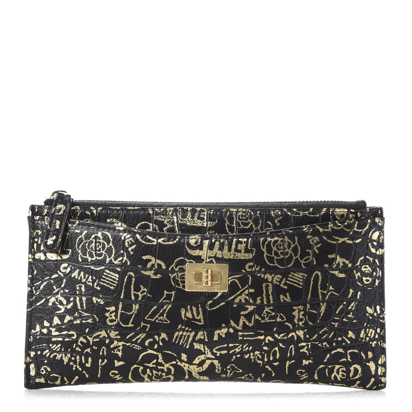 Calfskin Crocodile Embossed Graffiti 2.55 Cocodile Reissue Zip Pouch Black Gold