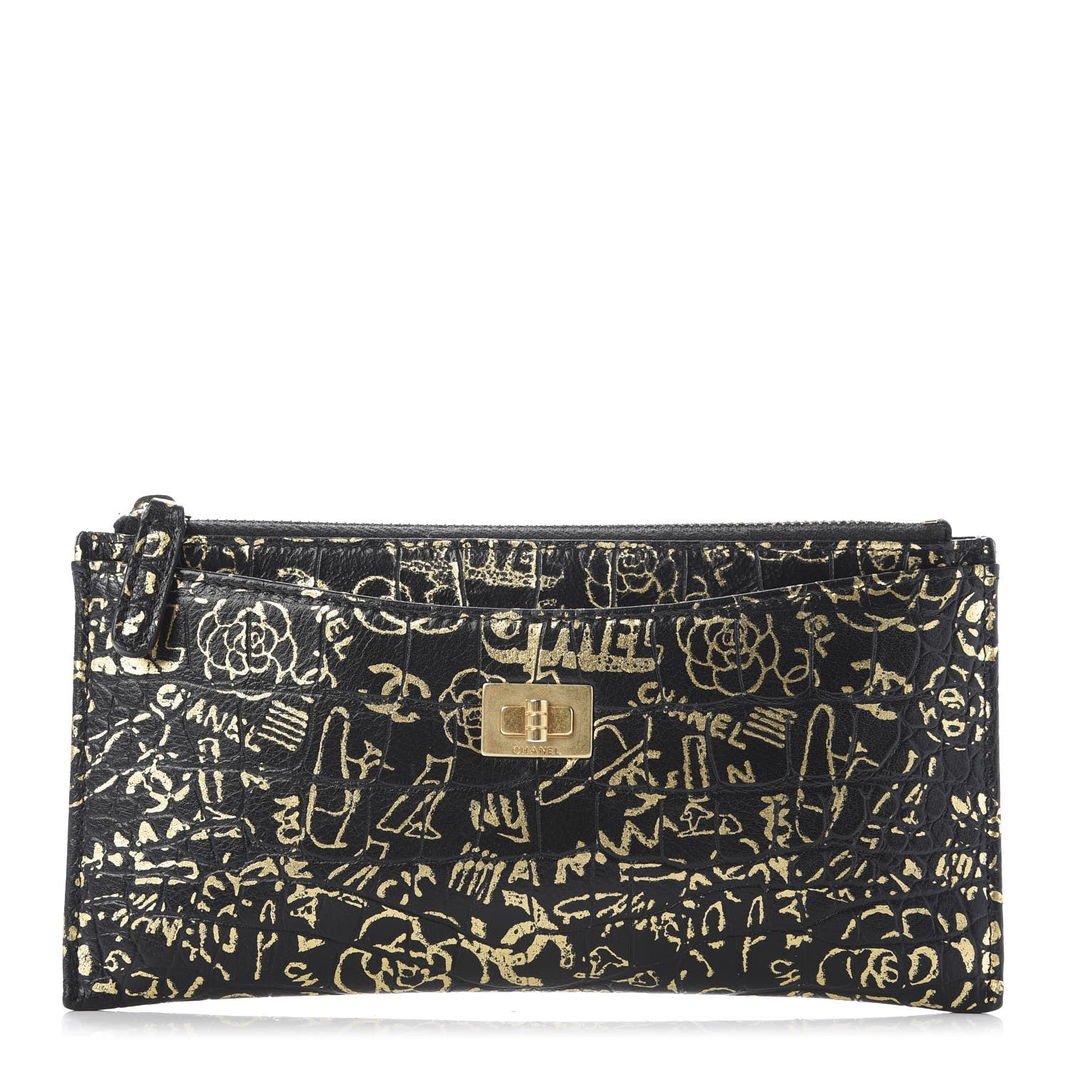 Chanel Calfskin Crocodile Embossed Graffiti 2.55 Cocodile Reissue Zip Pouch Black Gold 1 of 9