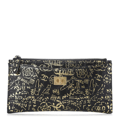 Chanel Calfskin Crocodile Embossed Graffiti 2.55 Cocodile Reissue Zip Pouch Black Gold 1 of 9