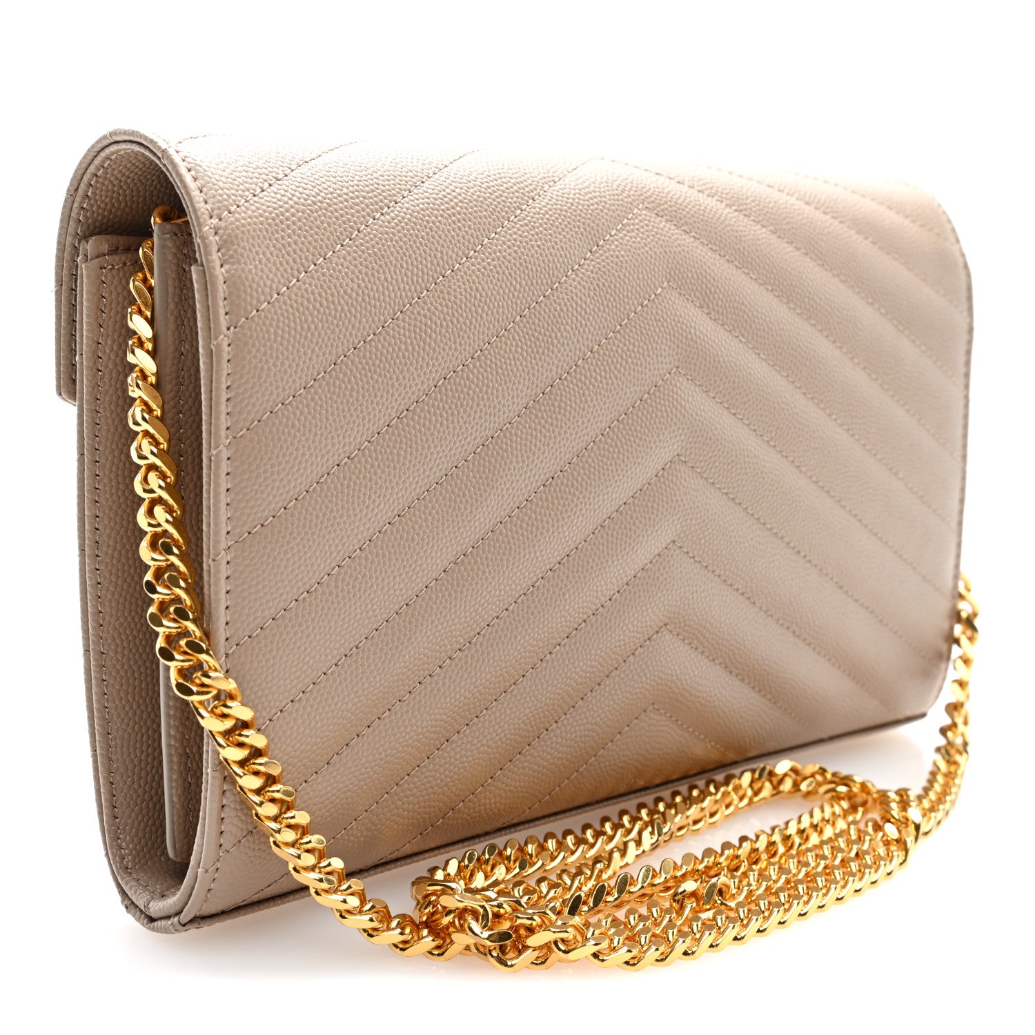 Saint Laurent Grain De Poudre Matelasse Chevron Monogram Chain Wallet Dark Beige 2 of 8