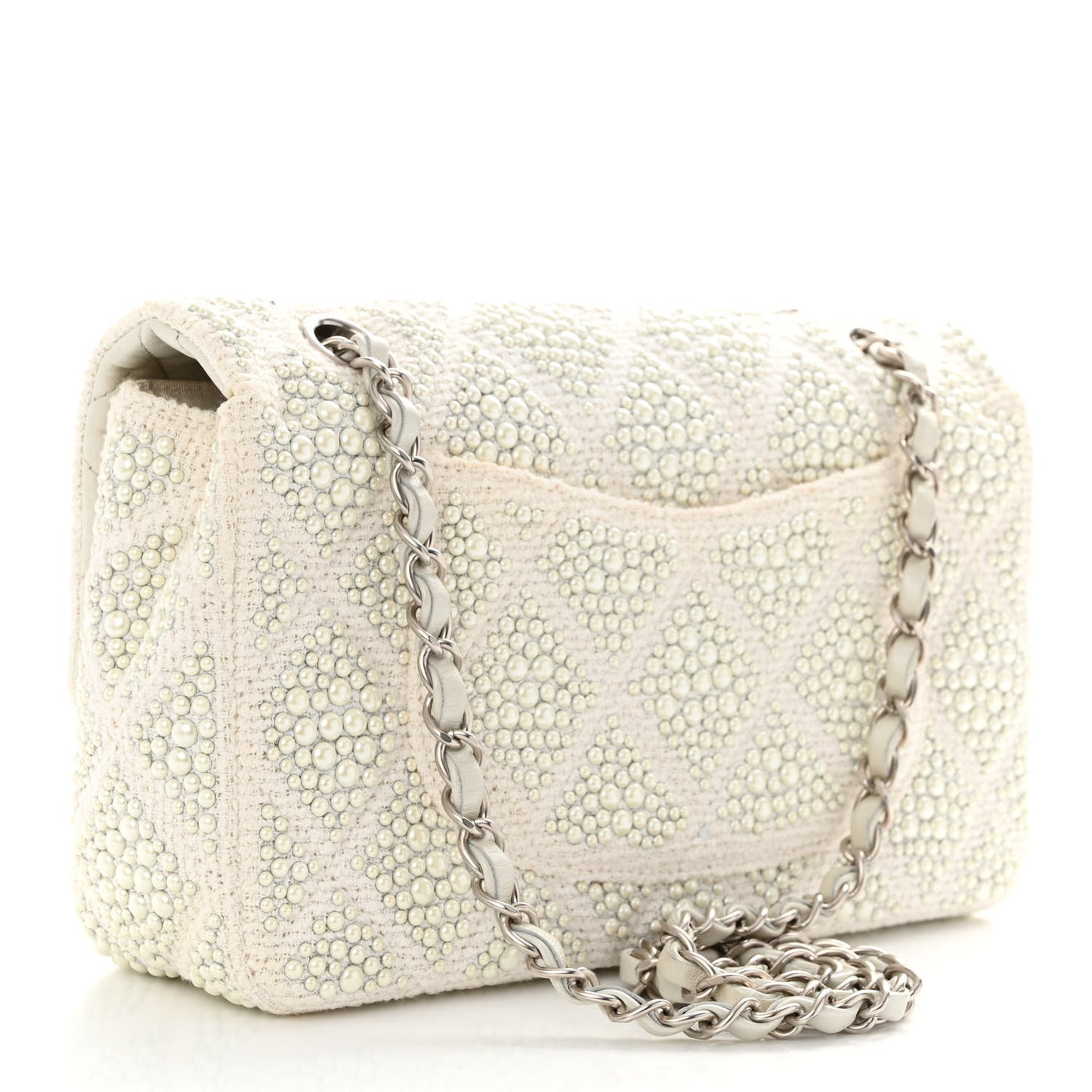 Cotton Quilted Pearl Embellished Small Single Flap White