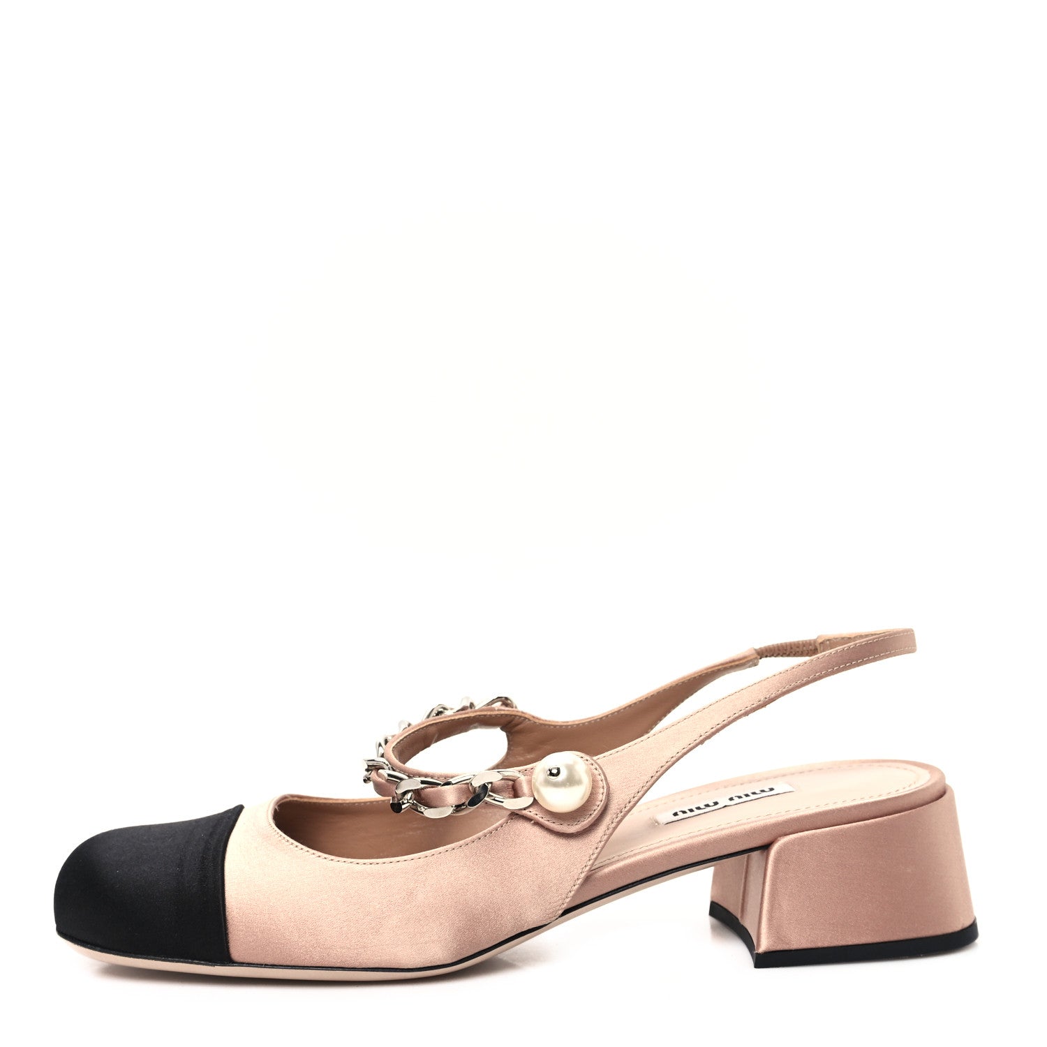 Miu Miu Satin Chain Pearl Slingback Pumps 39 Cammeo Black 1 of 9