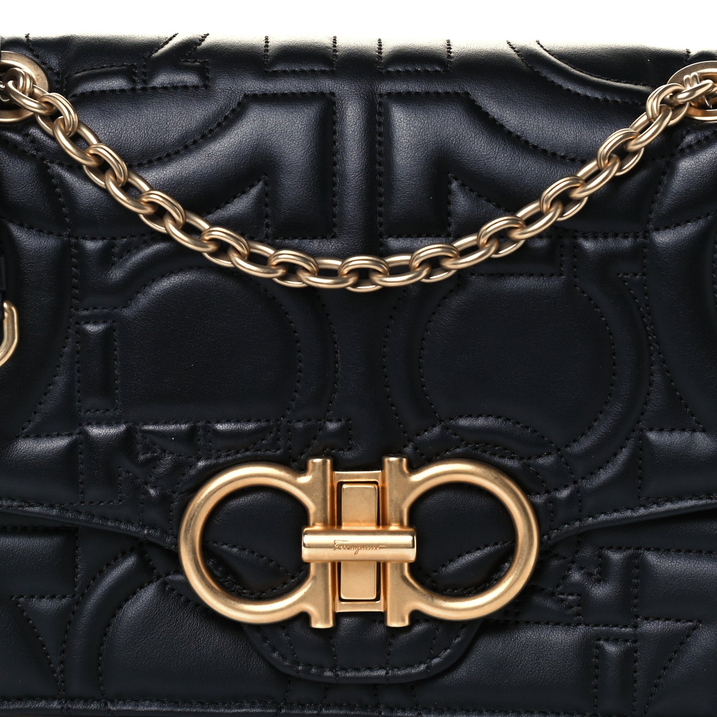 Calfskin Quilted Gancini Flap Bag Black
