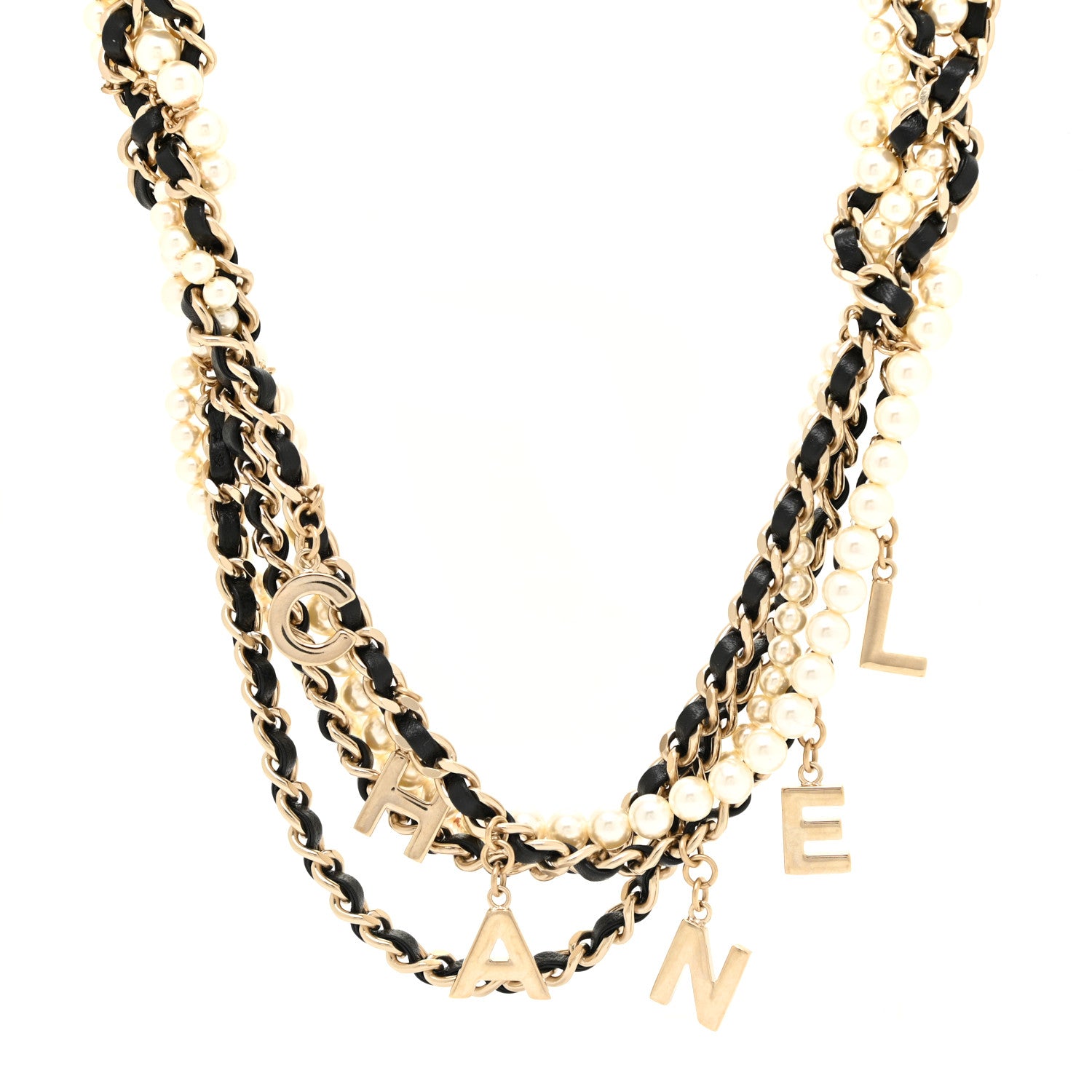 Chanel Lambskin Pearl Logo Chain Necklace Black Gold 1 of 6