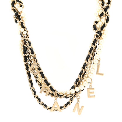 Chanel Lambskin Pearl Logo Chain Necklace Black Gold 1 of 6