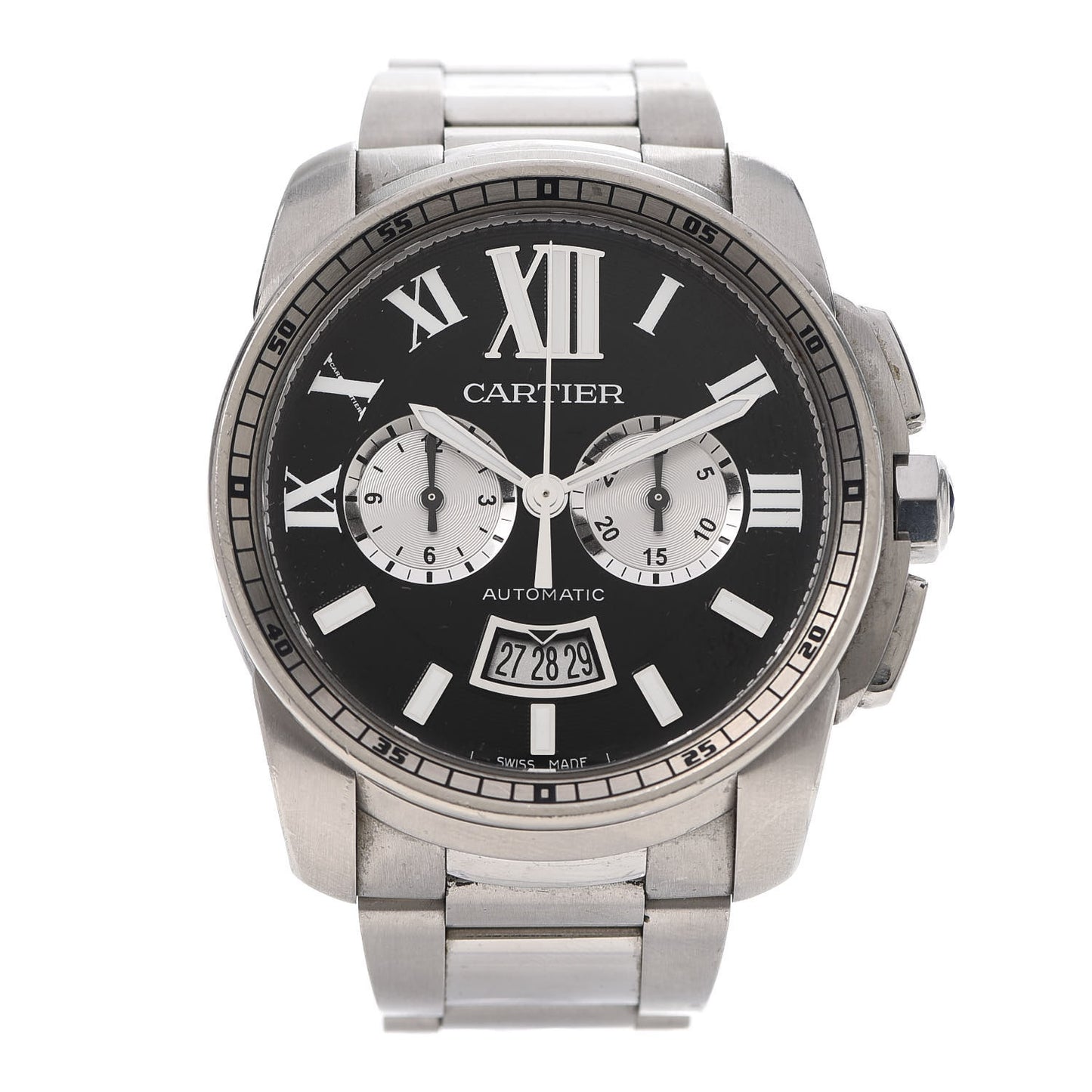 Stainless Steel 42mm Calibre de Cartier Chronograph Automatic Watch Black