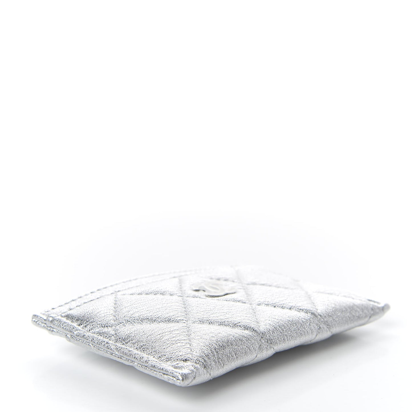 Metallic Lambskin Quilted Card Holder Silver