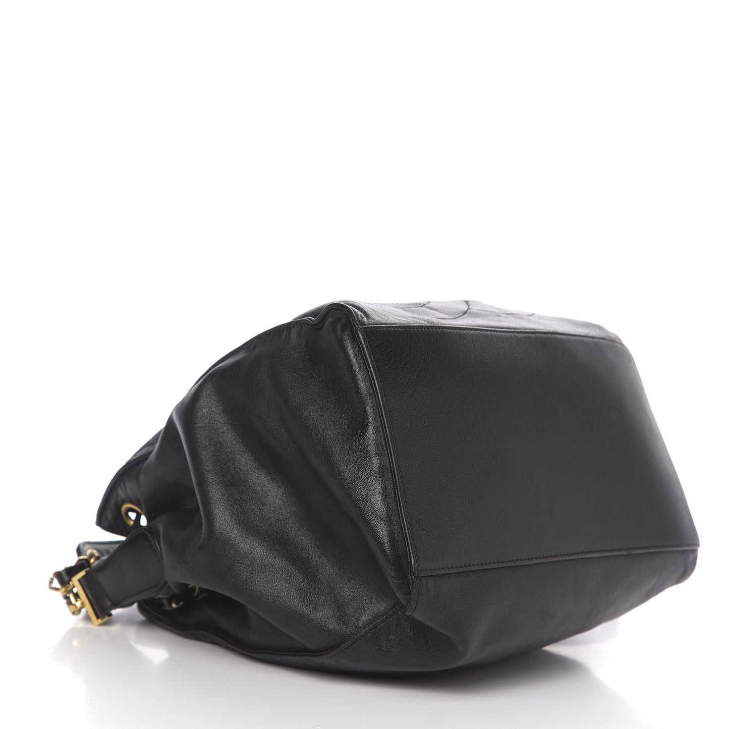Lambskin CC Stitched Drawstring Bucket Bag Black