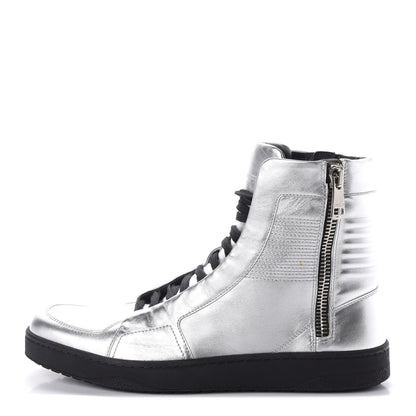Gucci Metallic Nappa Silk Grosgrain Mens High Top Sneakers 9 Silver 1 of 18