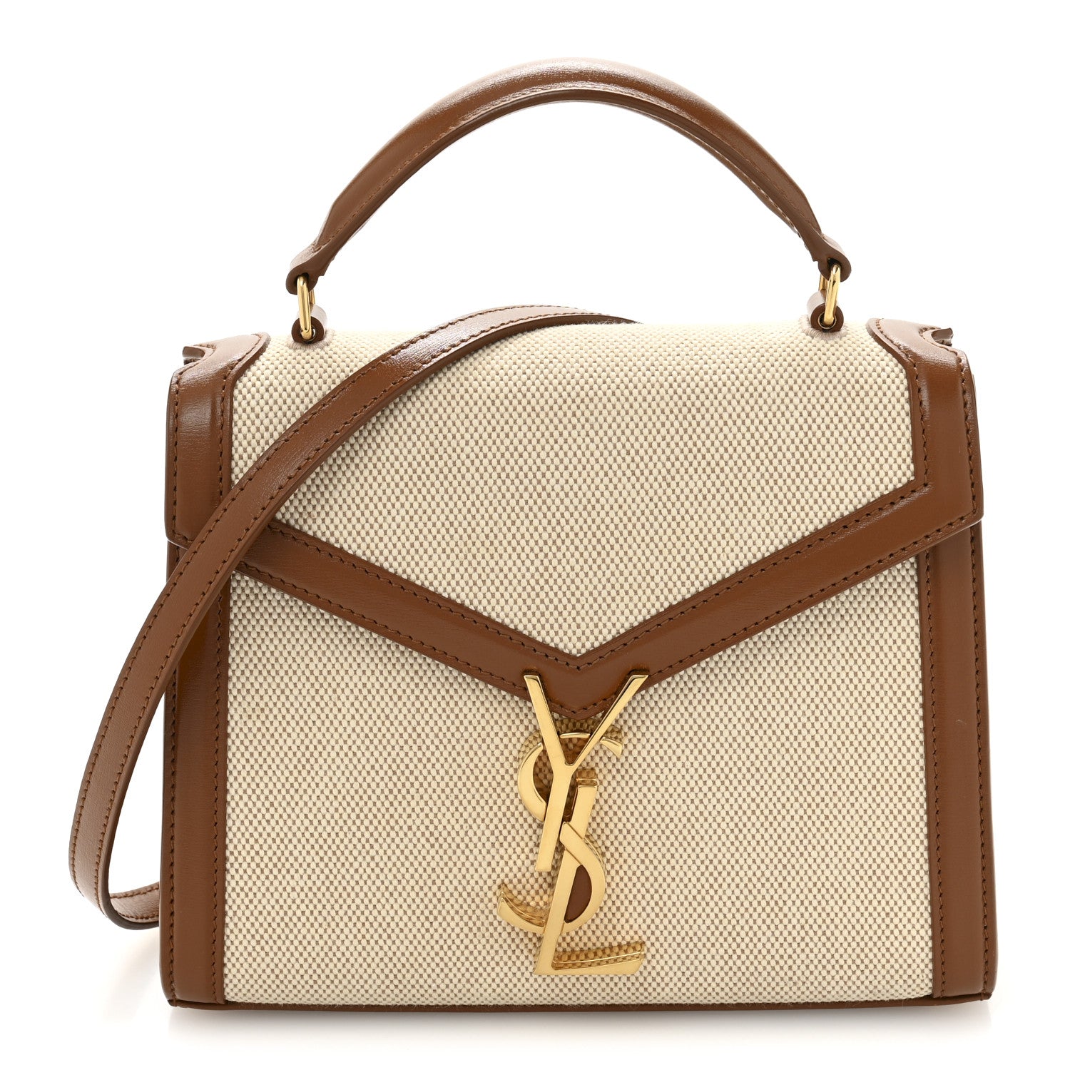 Saint Laurent Canvas Calfskin Mini Classic Monogram Cassandra Top Handle Tan Natural 1 of 12