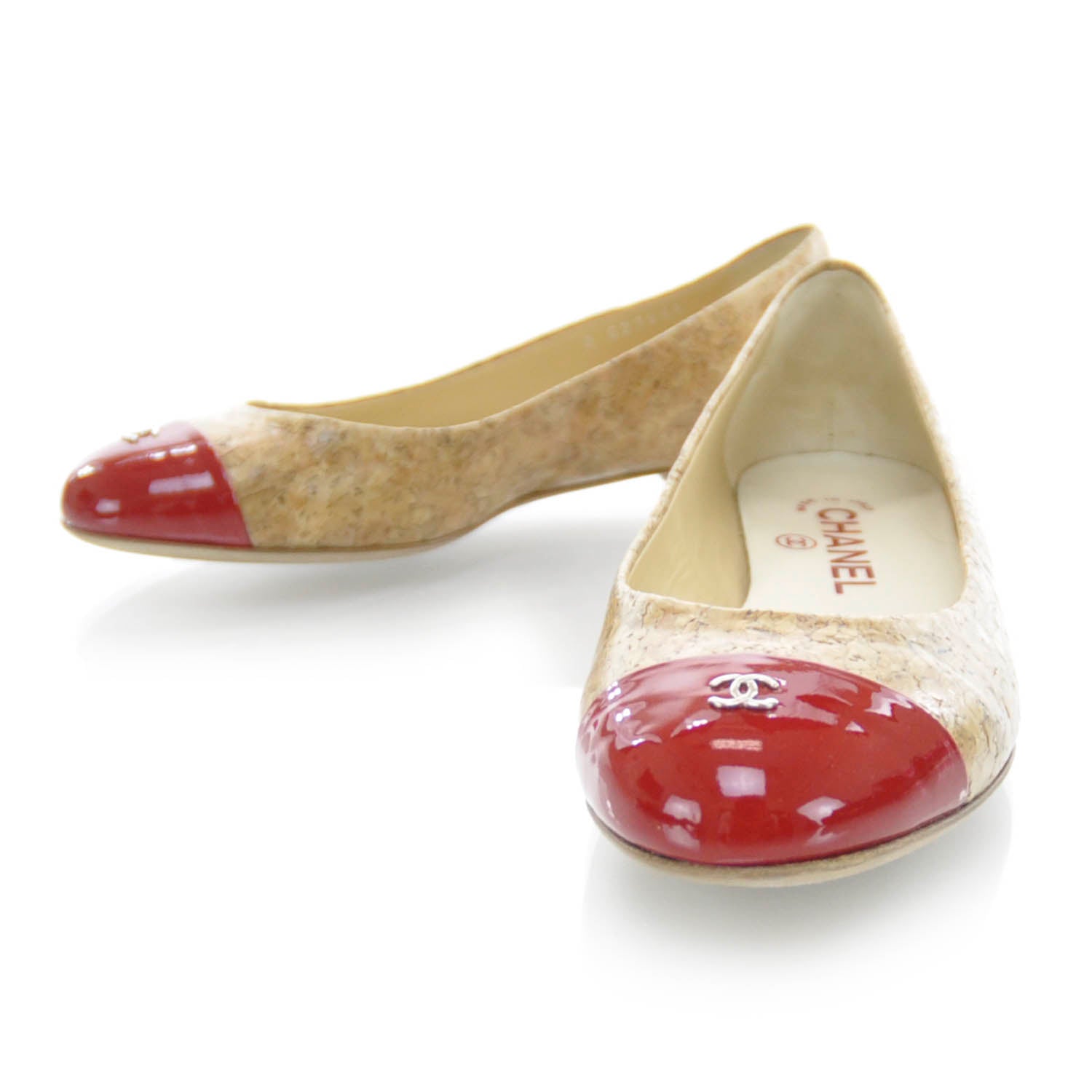 Chanel Cork Patent Cap Toe Ballet Flats 35.5 Red 1 of 7