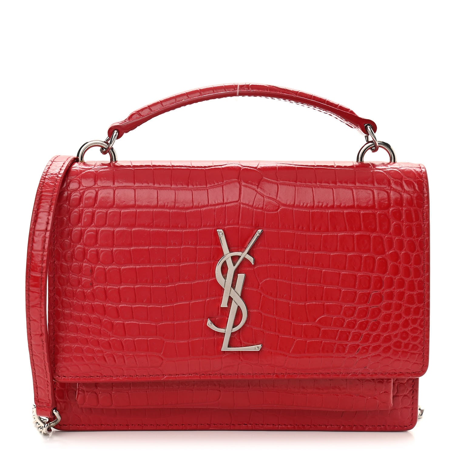 Saint Laurent Calfskin Crocodile Embossed Monogram Sunset Chain Wallet Rouge Eros 1 of 10