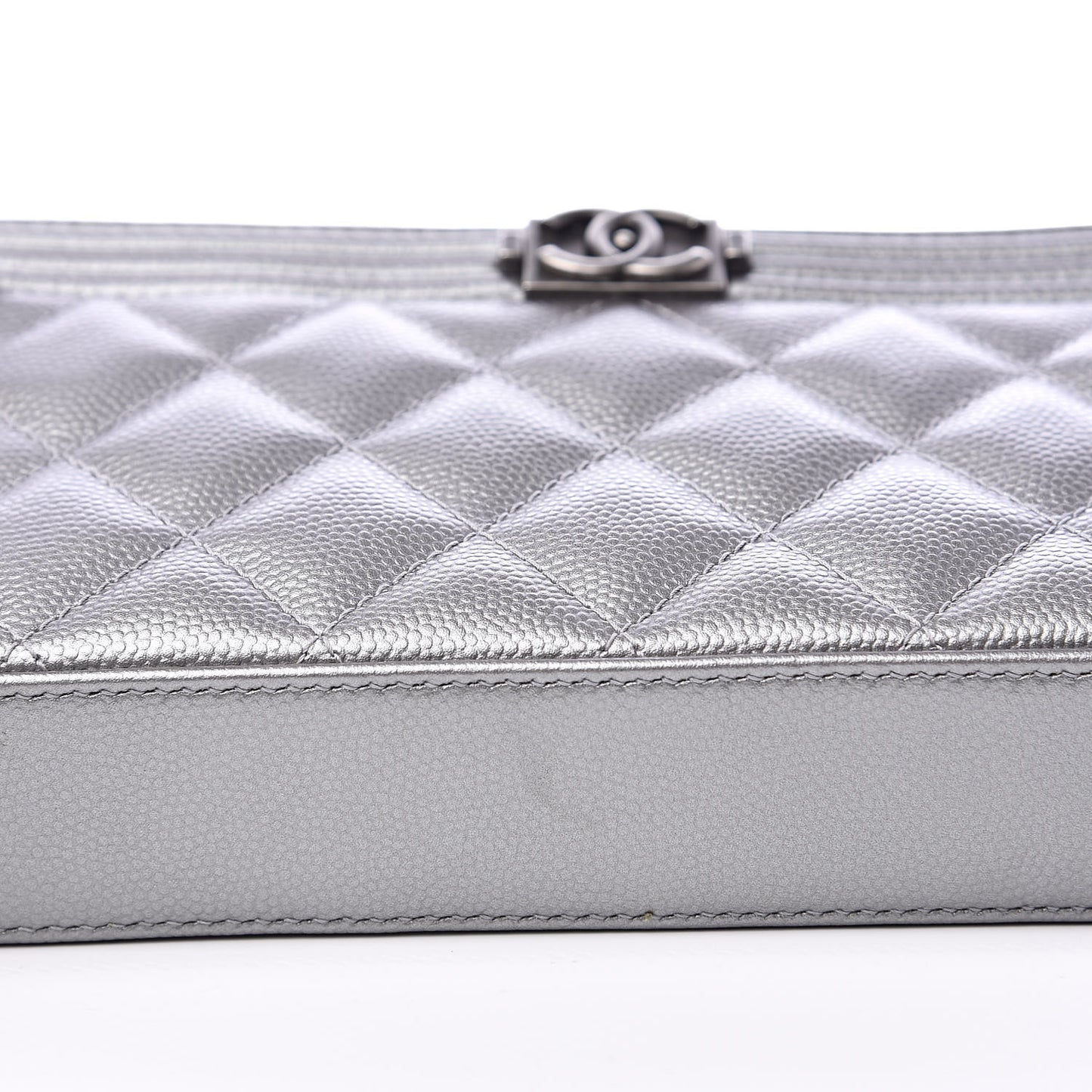 Metallic Caviar Quilted Small Boy Clutch With Chain Silver