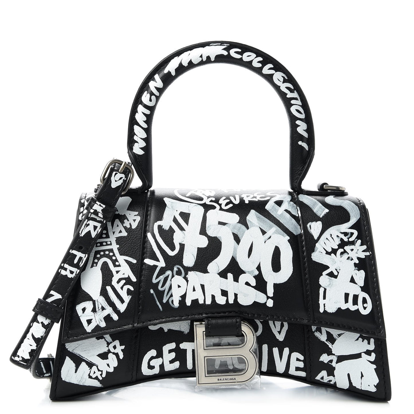 Smooth Calfskin Graffiti Hourglass Top Handle Bag XS Black White