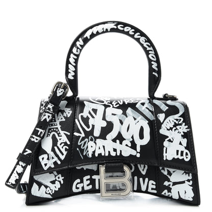 Balenciaga Smooth Calfskin Graffiti Hourglass Top Handle Bag XS Black White 1 of 9