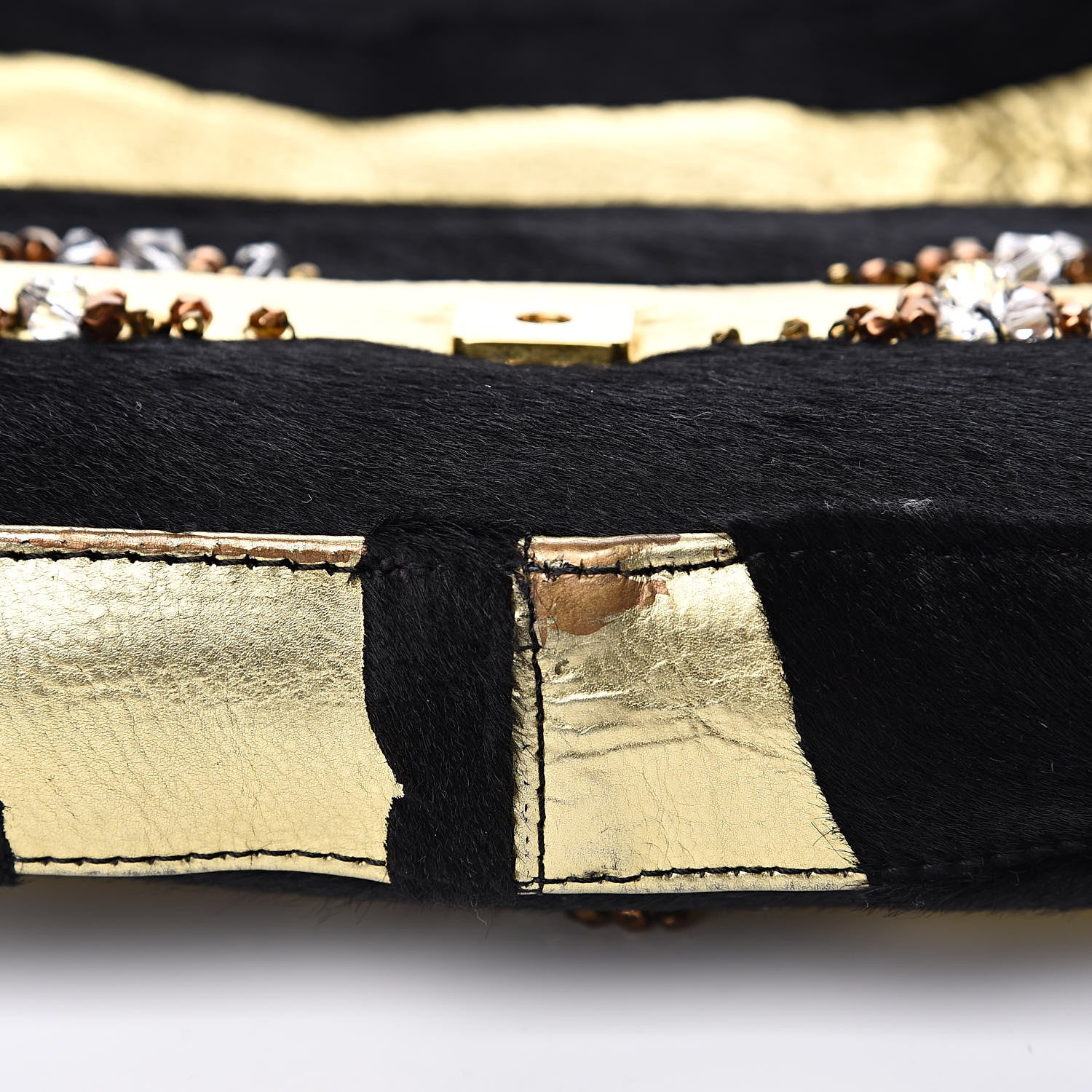 Fendi Metallic Calfskin Calf Hair Sequin Baguette Black Gold 11 of 12