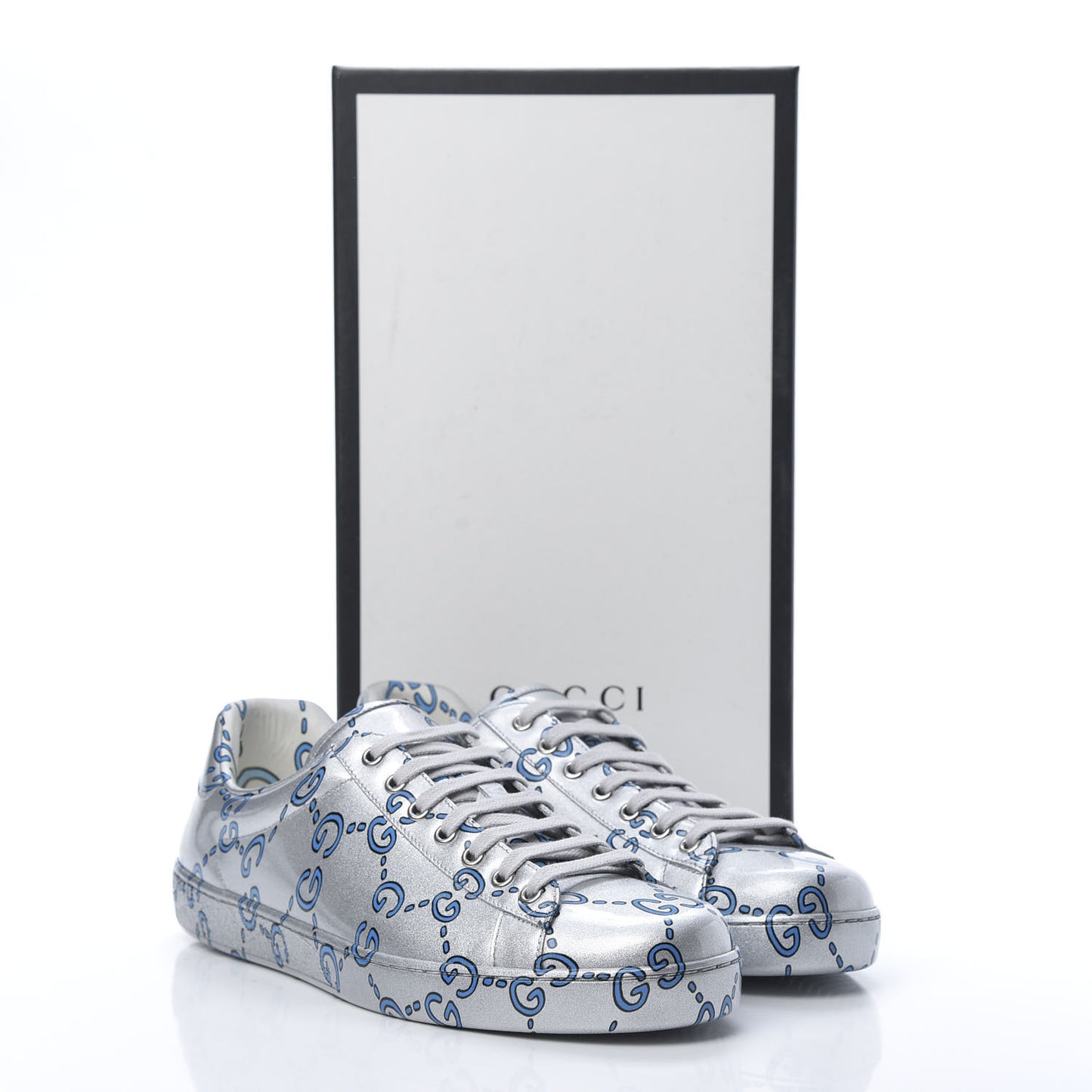 Miro Rubber Wax GucciGhost Print Mens New Ace Sneakers 8.5 Silver