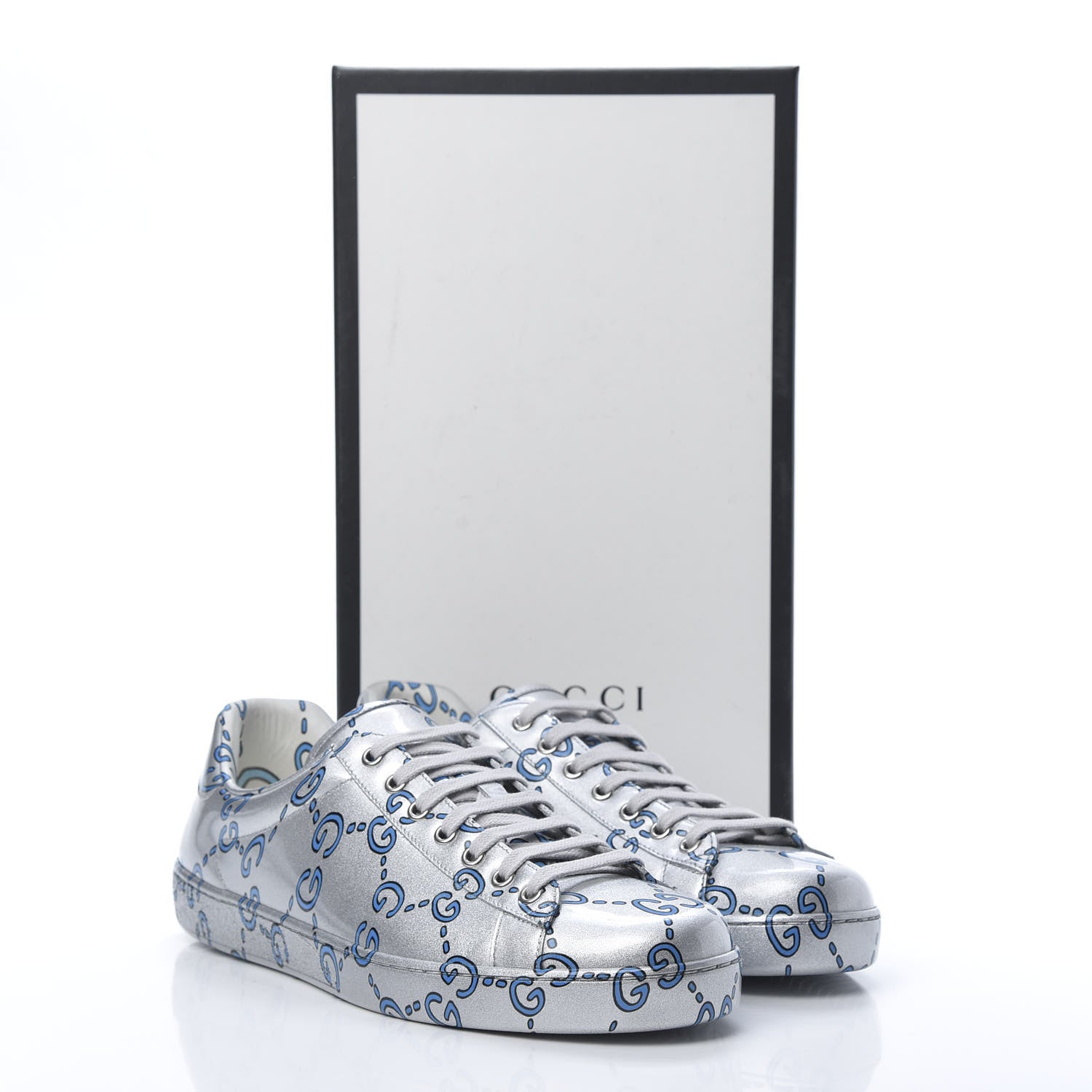 Gucci Miro Rubber Wax GucciGhost Print Mens New Ace Sneakers 8.5 Silver 8 of 8