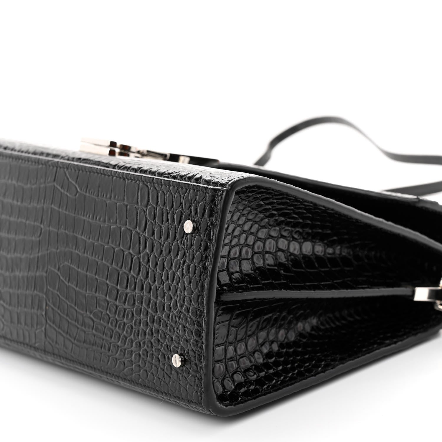 Saint Laurent Calfskin Crocodile Embossed Medium Classic Monogram Cassandra Top Handle Black 9 of 9