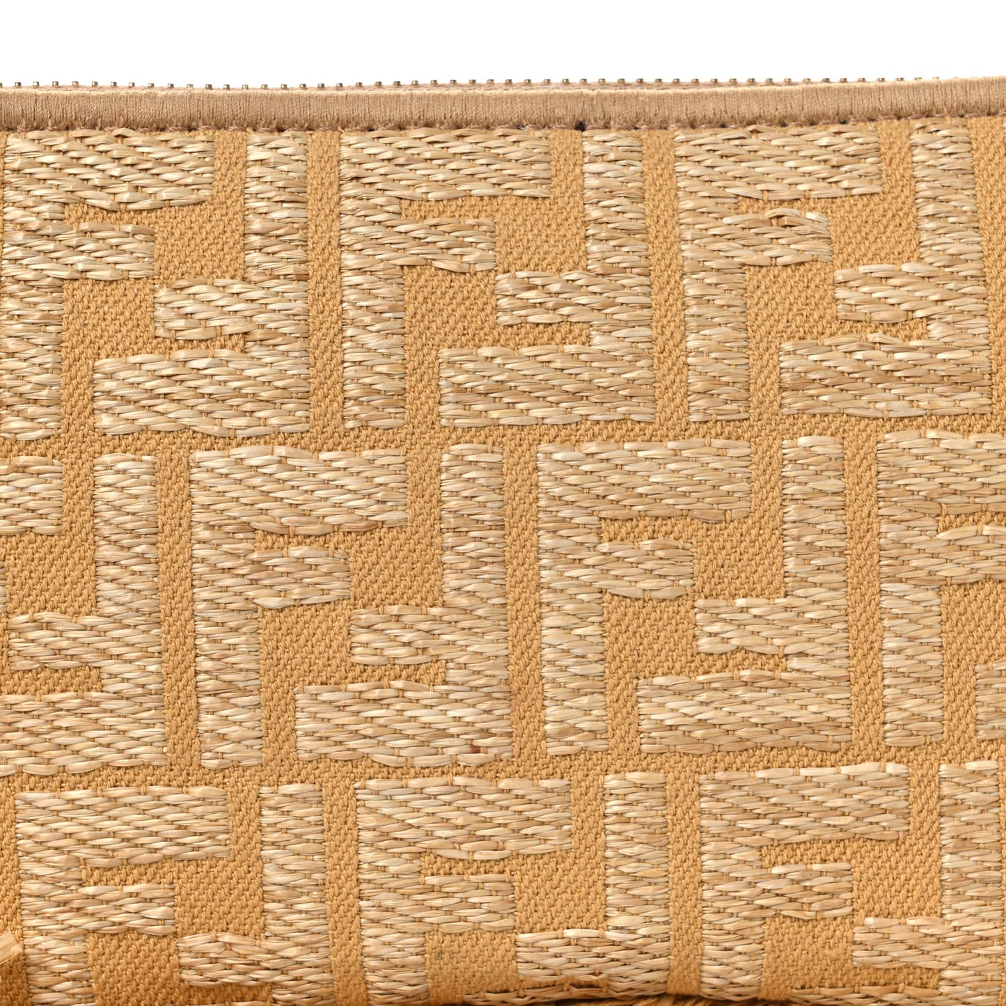 Raffia Fringe FF Embroidered Baguette Pouch Natural Dark Honey