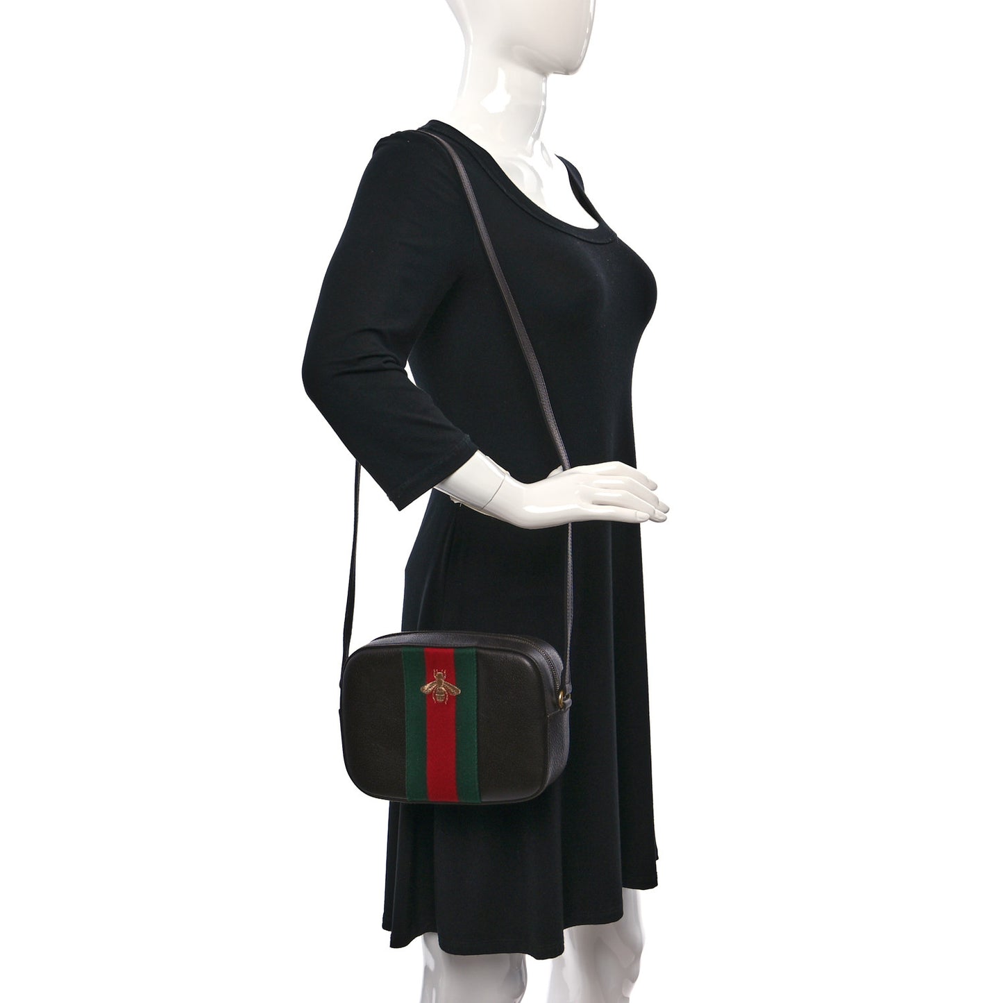 Textured Calfskin Web Small Webby Bee Shoulder Bag Brown Coffee