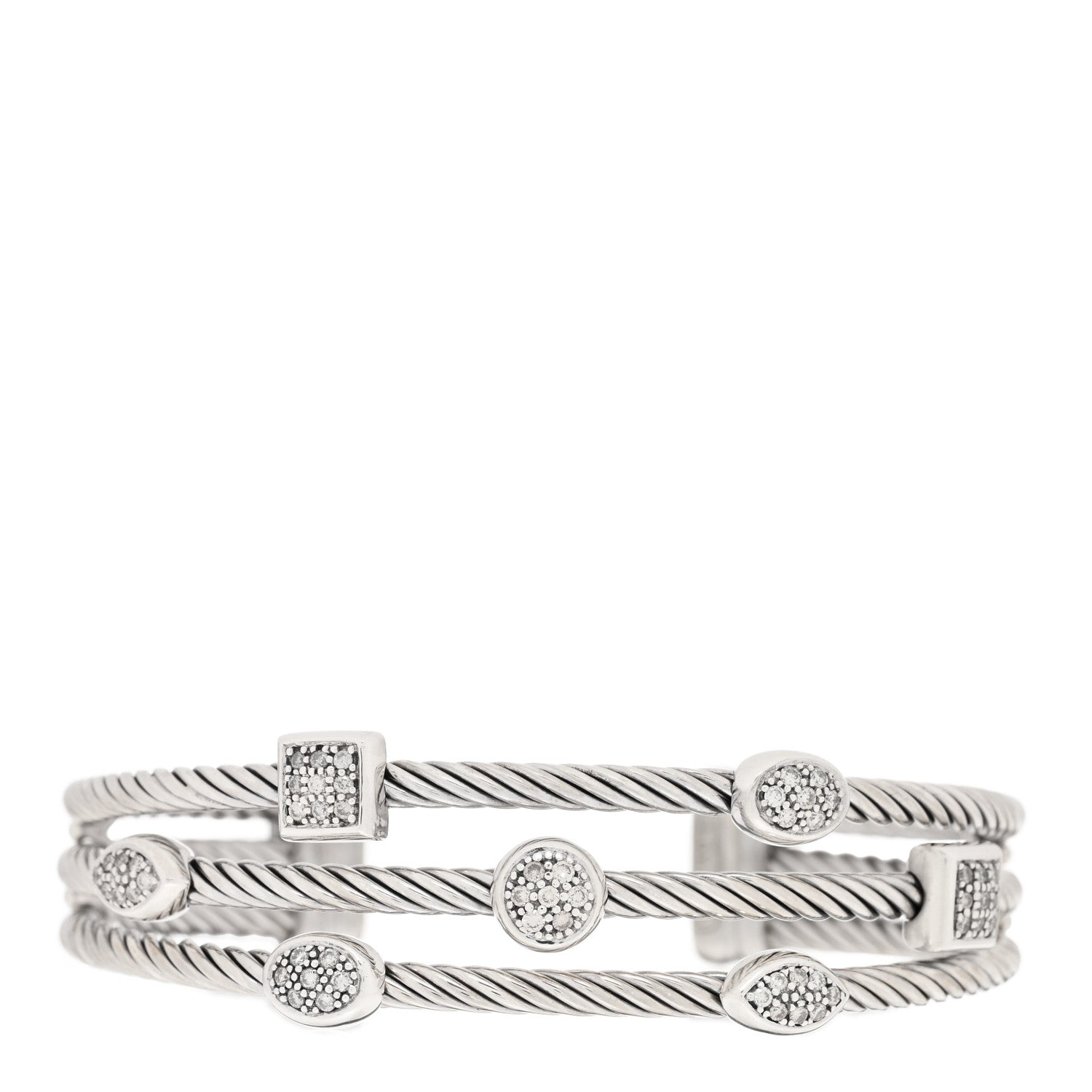 David Yurman Sterling Silver Diamond Three Row Confetti Cuff Bracelet 1 of 3