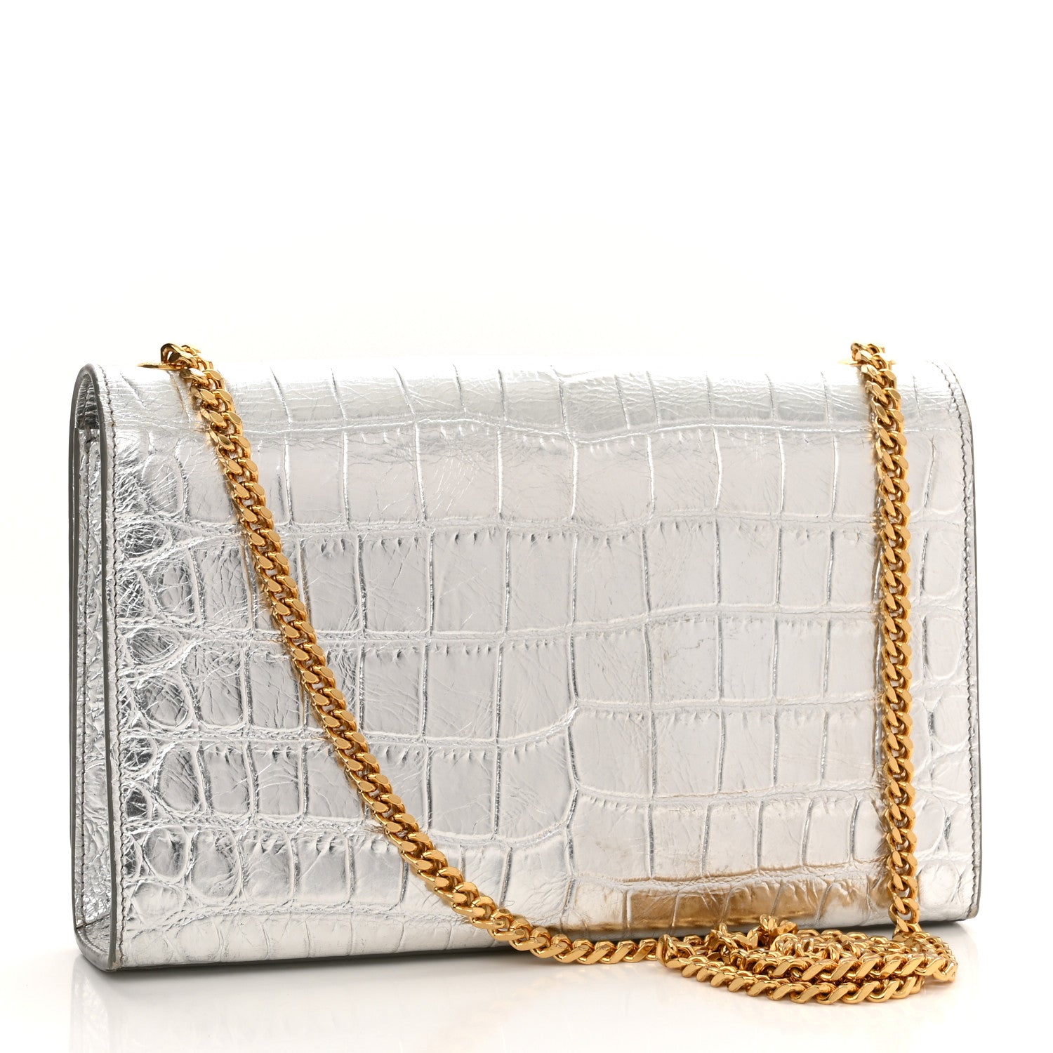 Saint Laurent Calfskin Crocodile Embossed Monogram Chain Wallet Argento 2 of 11