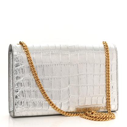 Saint Laurent Calfskin Crocodile Embossed Monogram Chain Wallet Argento 2 of 11
