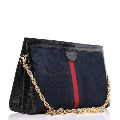 Gucci Suede Patent Web Dragon Embroidered Medium Ophidia Chain Shoulder Bag Blue Multicolor Black 3 of 14