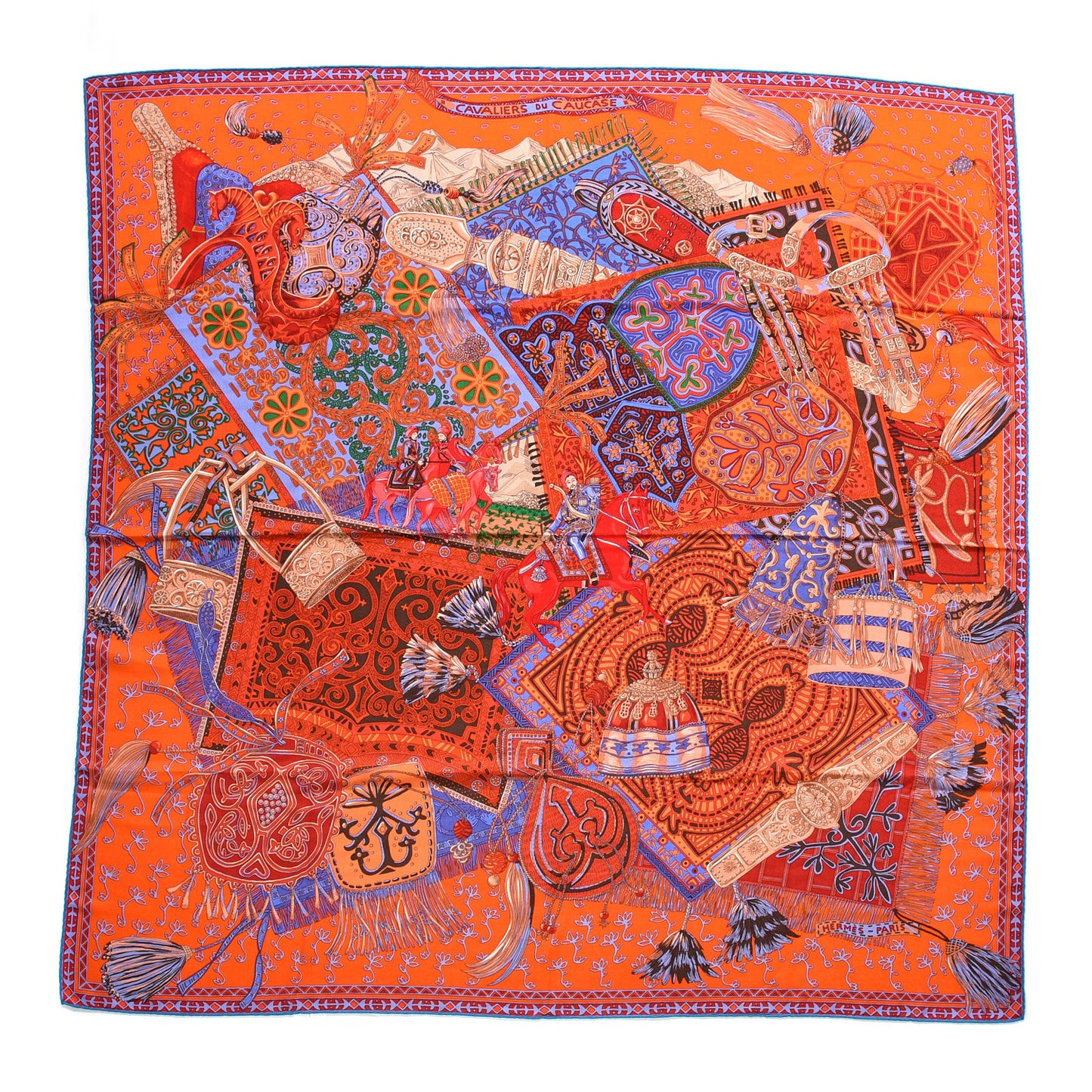 Cashmere Silk Cavaliers du Caucase Shawl 140 Orange Lavande Corail