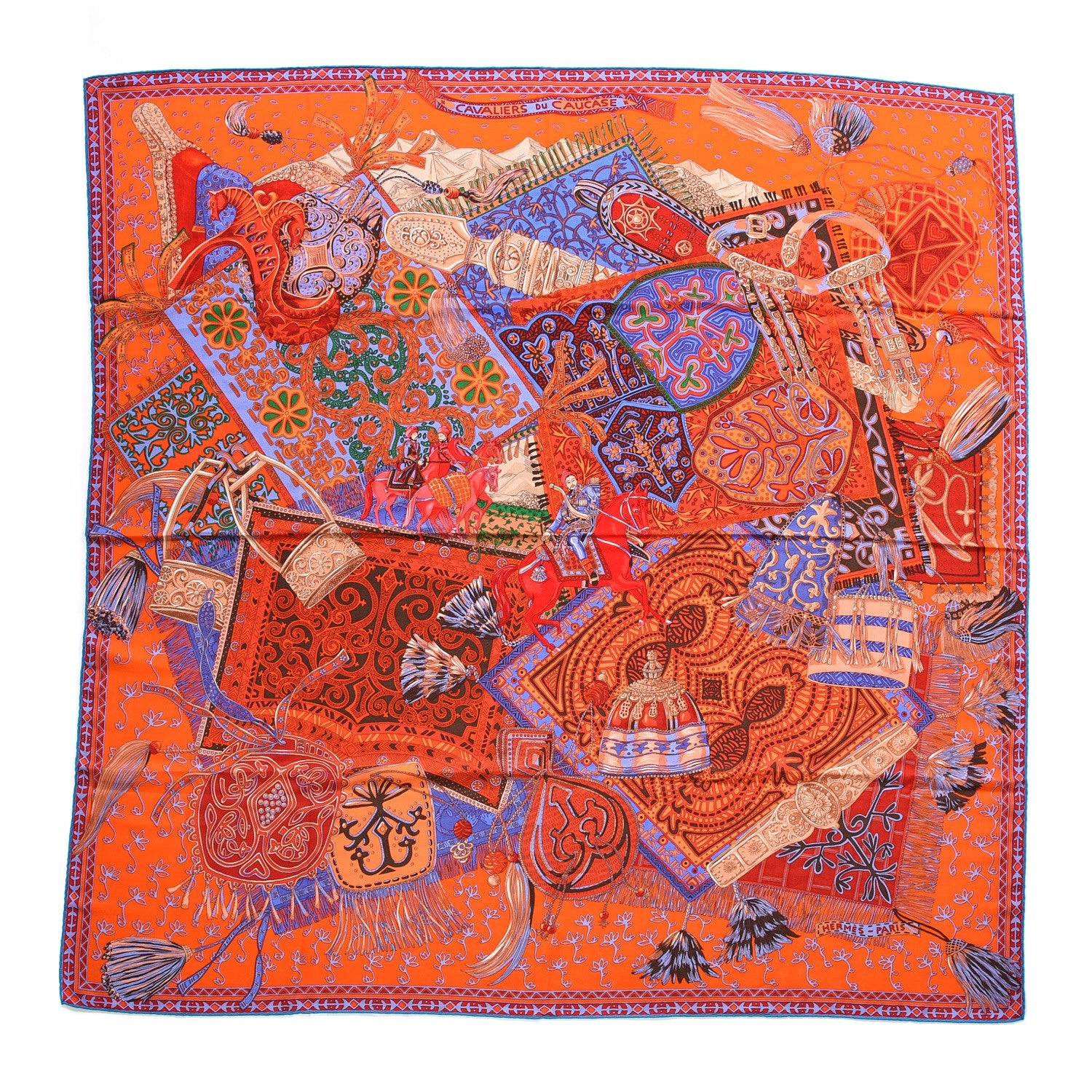 Hermes Cashmere Silk Cavaliers du Caucase Shawl 140 Orange Lavande Corail 1 of 5