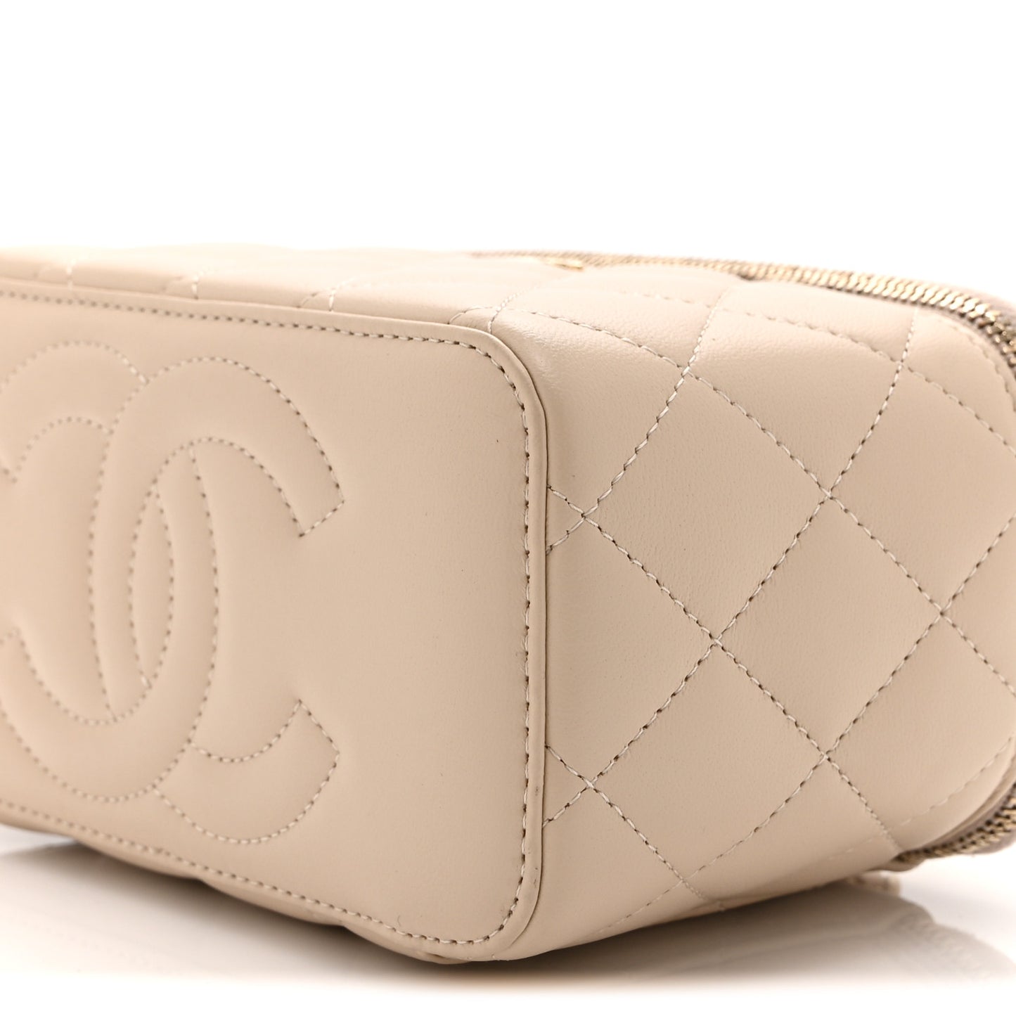 Lambskin Quilted Small Top Handle Vanity Case With Chain Beige