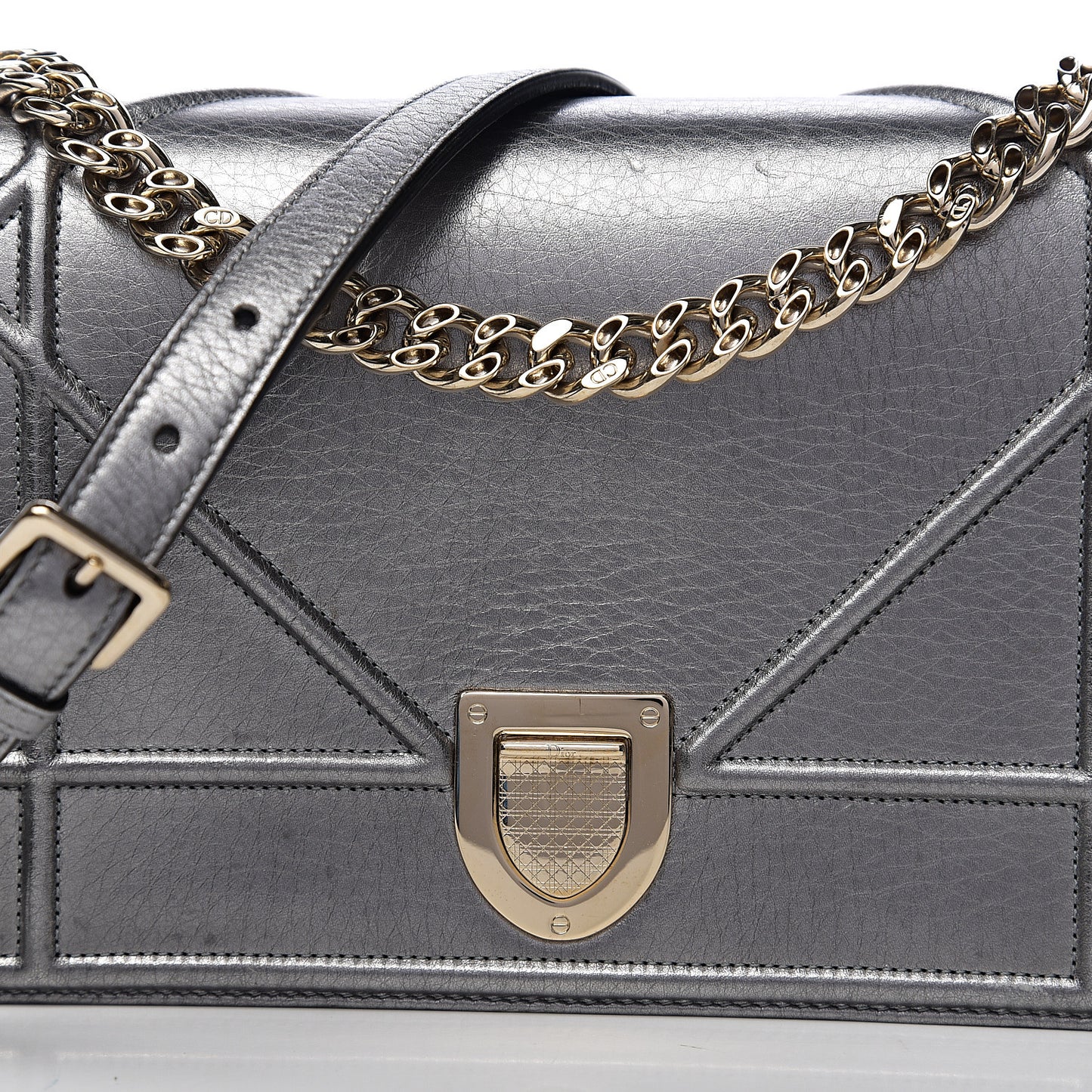 Metallic Grained Calfskin Medium Diorama Flap Bag Silver